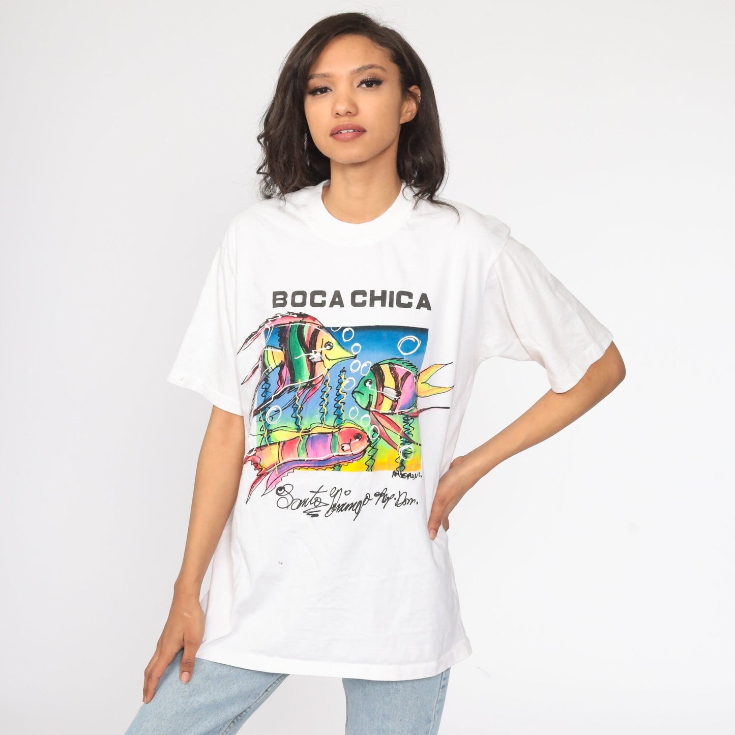 90s Boca Chica Santo Domingo Tropical Fish Graphic T-Shirt Cotton Medium Large
