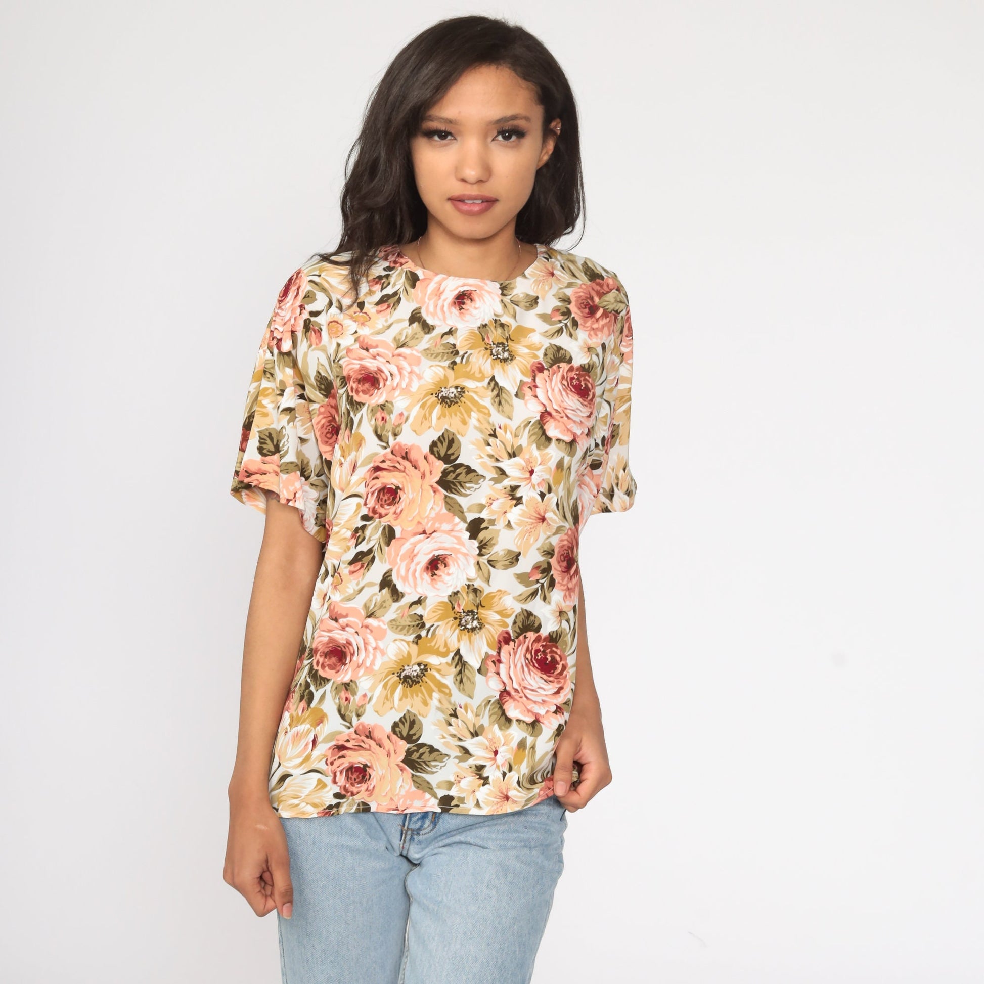 90s Floral Print Shirt Short Sleeve Blouse Polyester Medium
