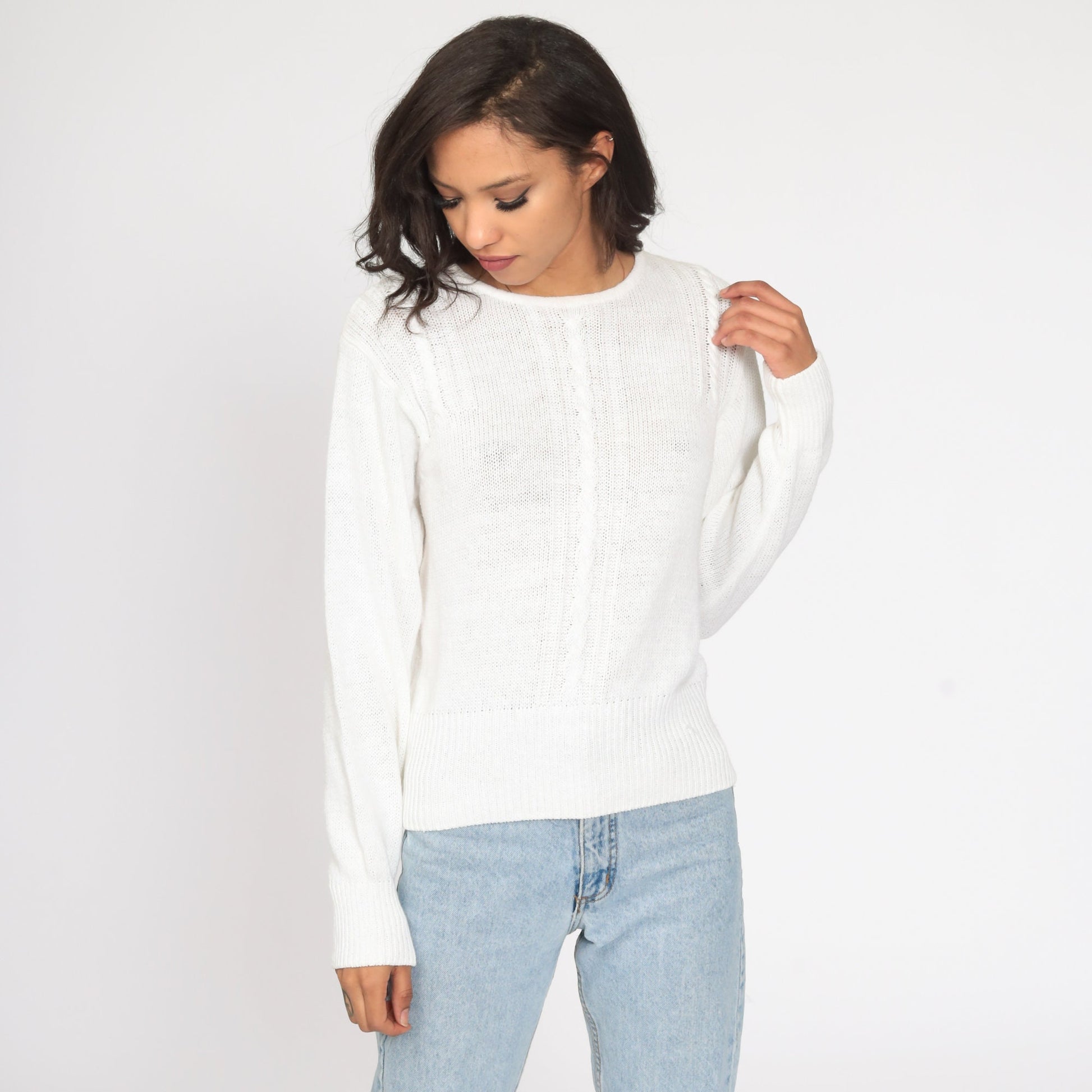90s White Cable Knit Sweater Ramie Cotton Pullover Small