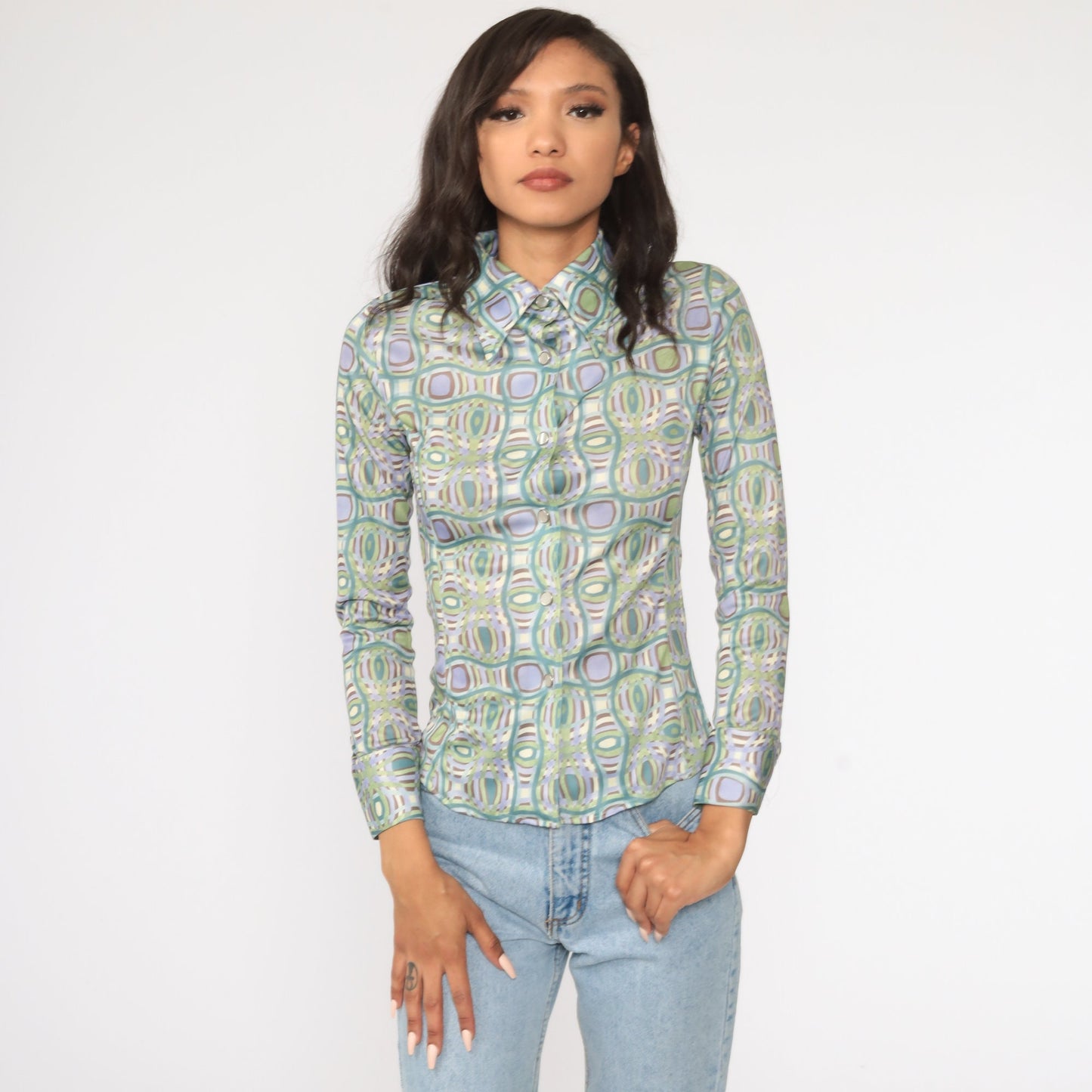 90s Geometric Print Button-Up Shirt Green Blue Long Sleeve Small