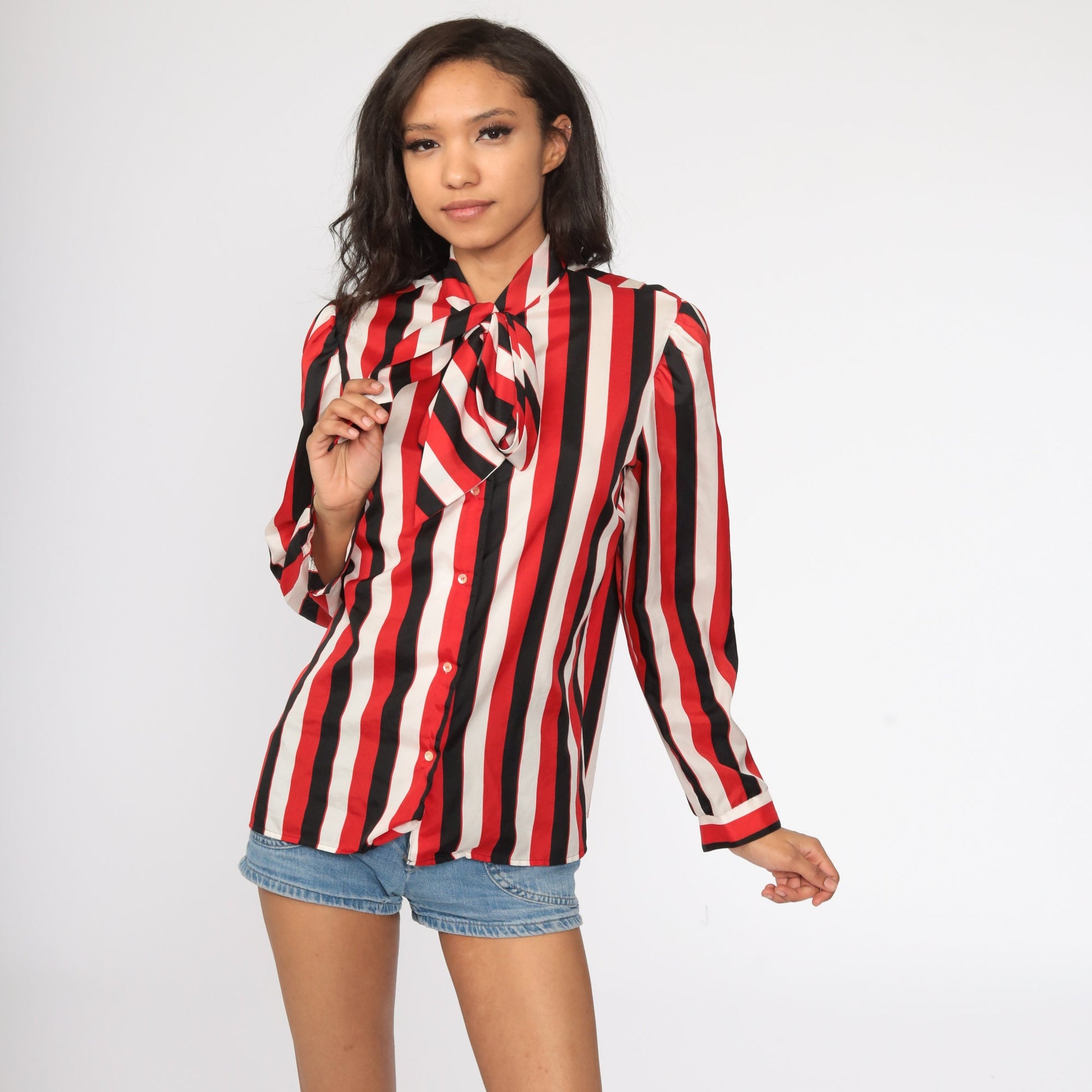 80s Striped Ascot Blouse Red Black White Puff Sleeve Button Up Medium