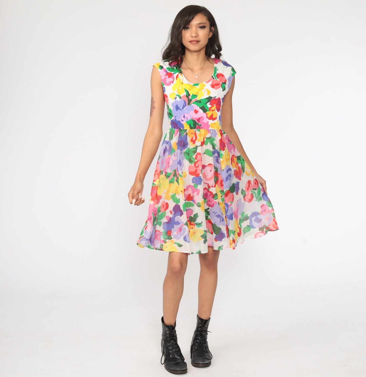 70s Floral Mini Dress White Cap Sleeve High Waist Small Medium