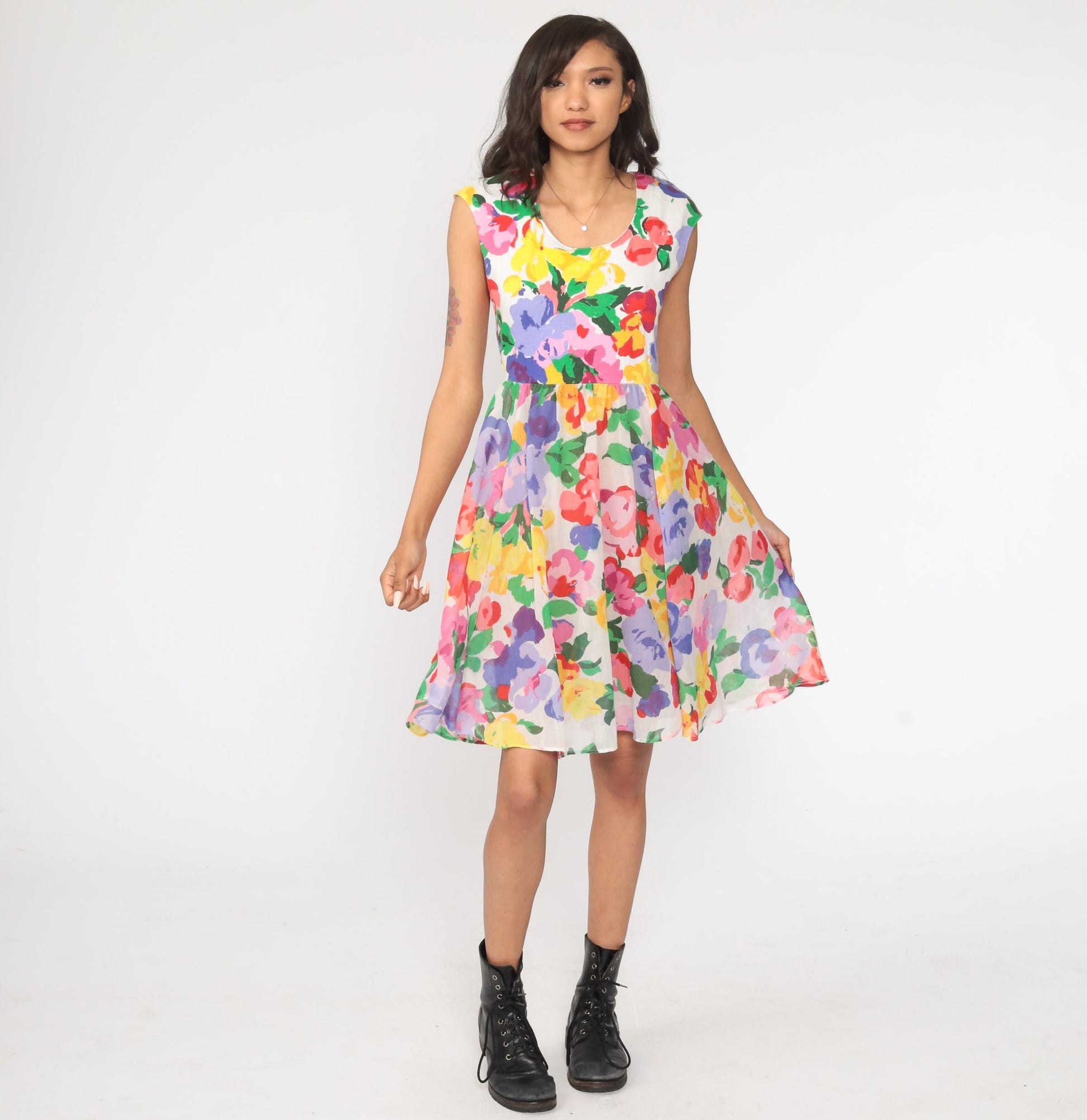 70s Floral Mini Dress White Cap Sleeve High Waist Small Medium
