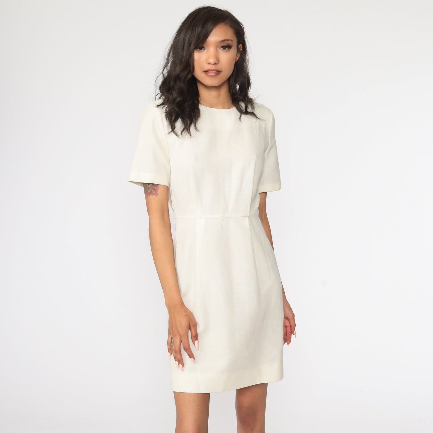 80s Off-White High Waist Mini Dress Short Sleeve Small S