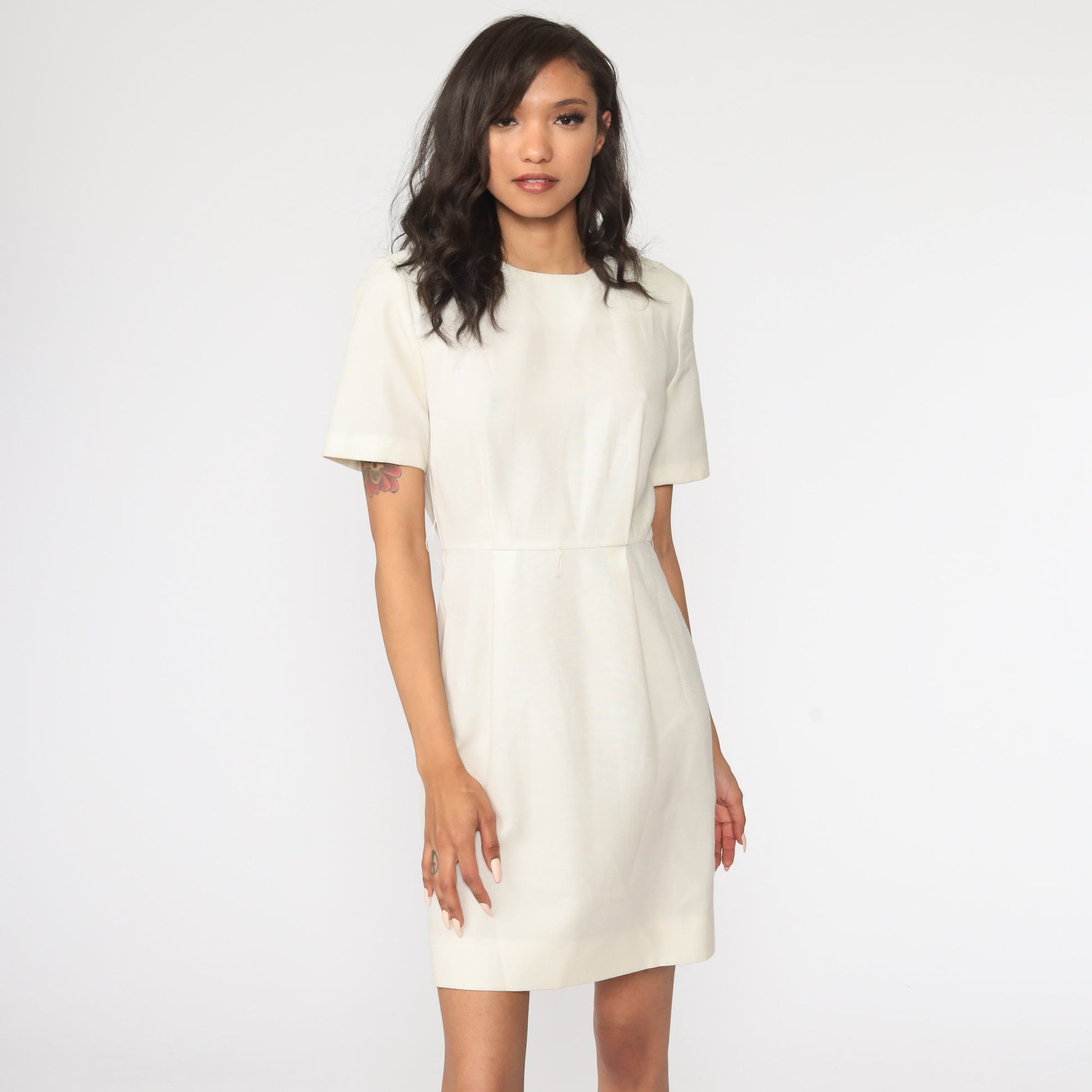80s Off-White High Waist Mini Dress Short Sleeve Small S
