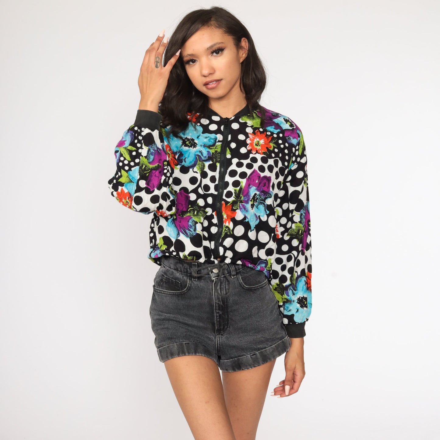 90s Floral Polka Dot Cropped Bomber Jacket Black White Windbreaker Small