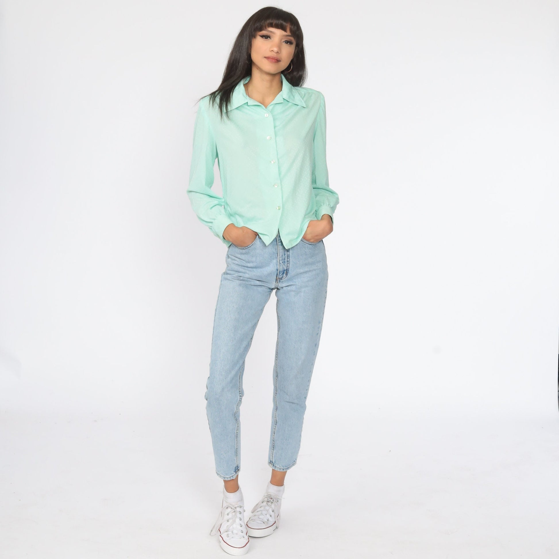 70s Mint Green Polka Dot Button-Up Blouse Long Sleeve Collar Medium