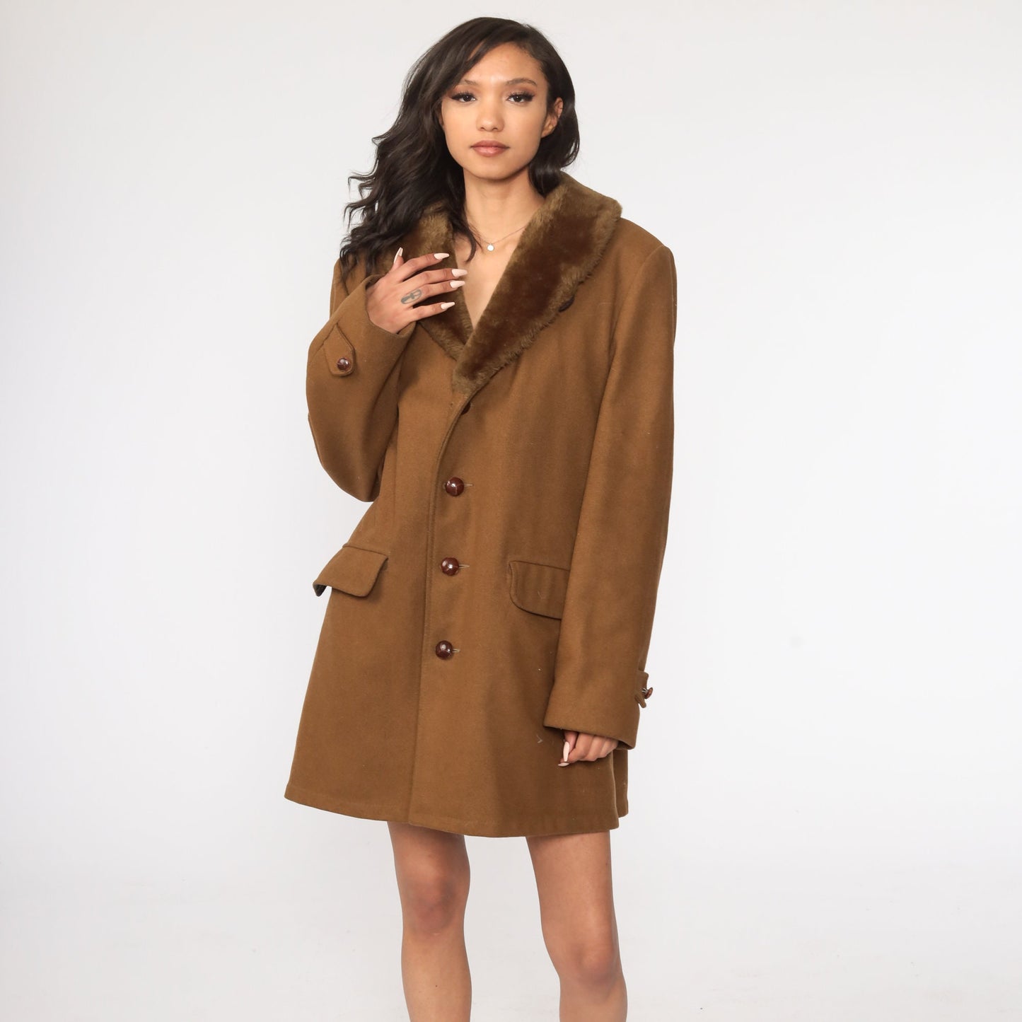 80s Brown Wool Jacket Faux Fur Collar Winter Coat Extra Large XXL