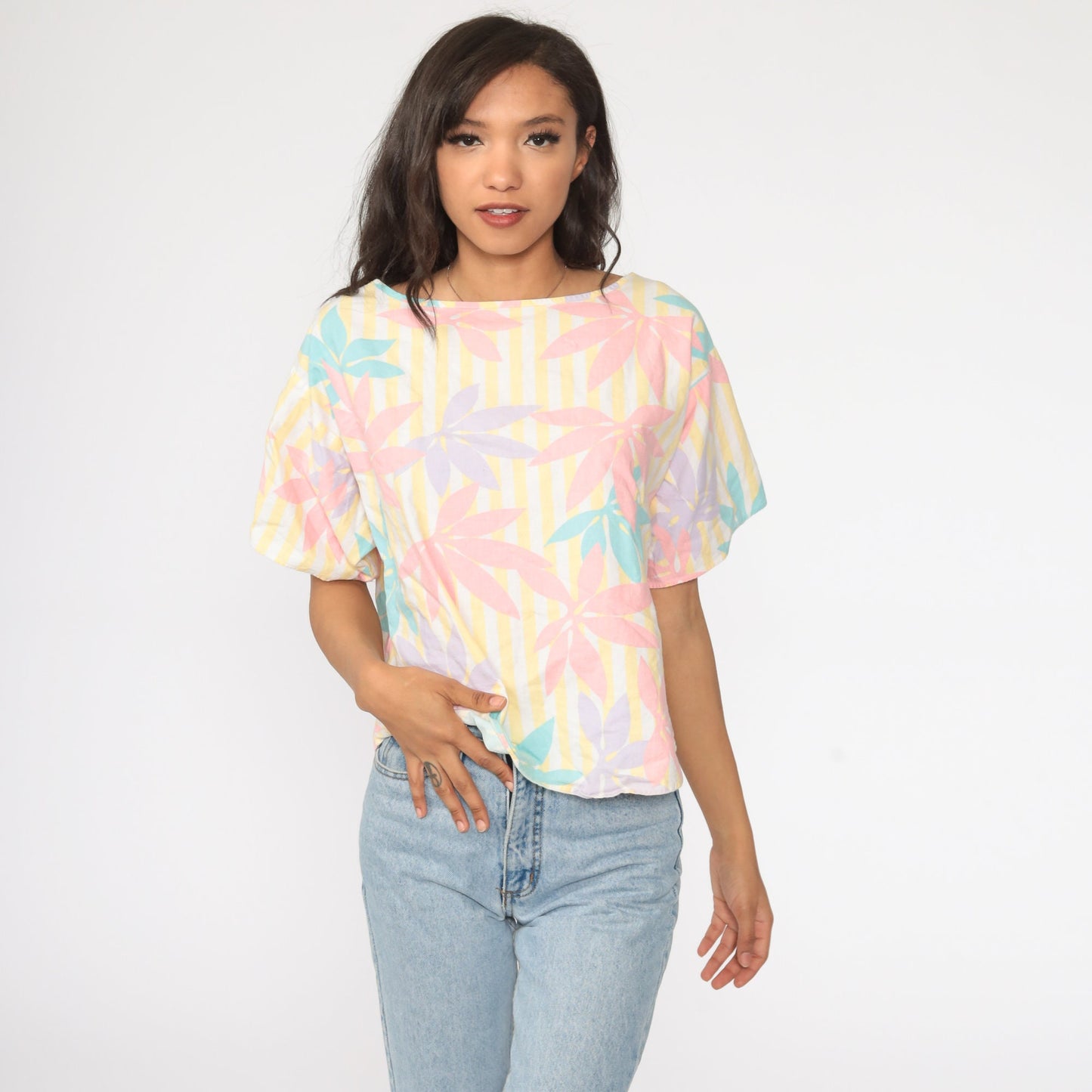 80s Wrangler Floral Print Shirt Pink Yellow Striped Short Sleeve Blouse Large L