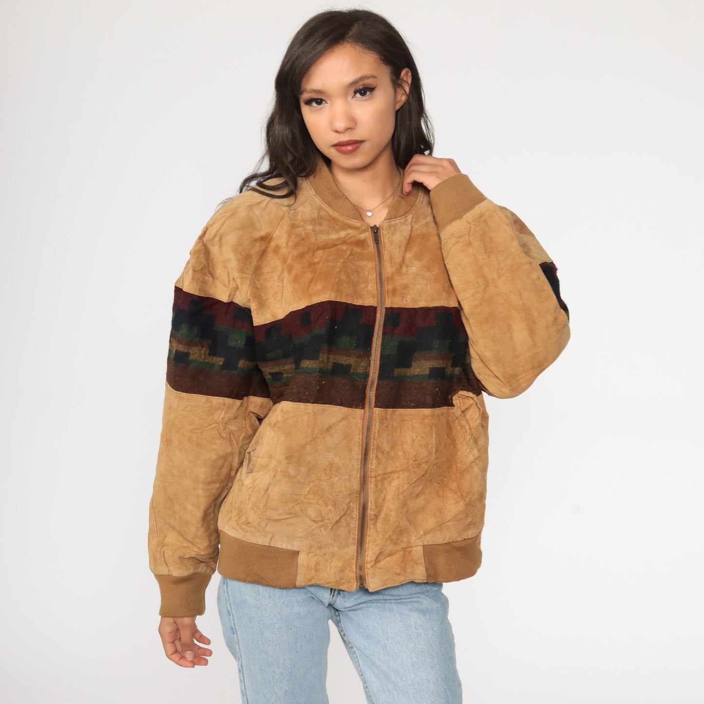 80s Brown Suede Leather Jacket Southwestern Tribal Print Bomber Large L