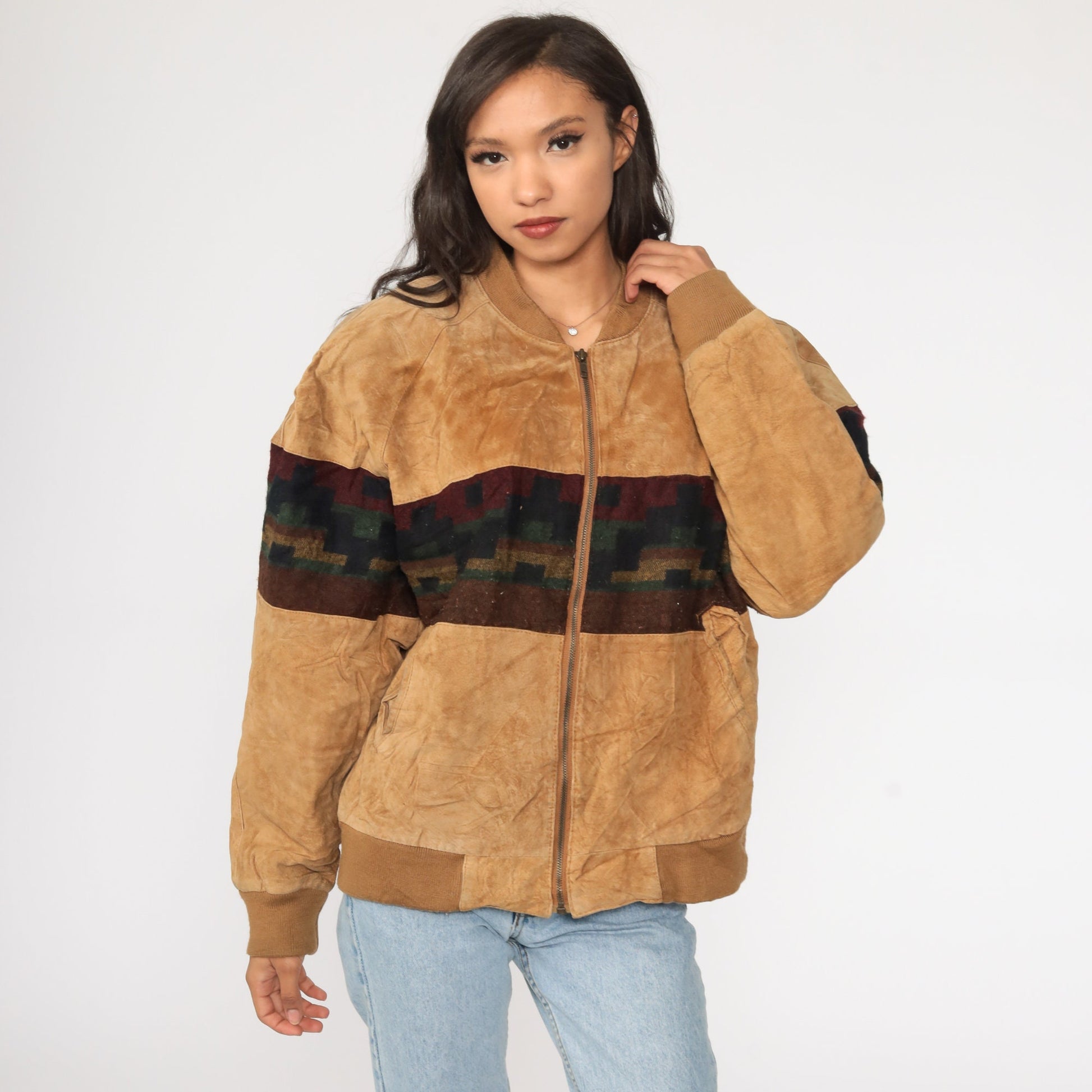 80s Brown Suede Leather Jacket Southwestern Tribal Print Bomber Large L
