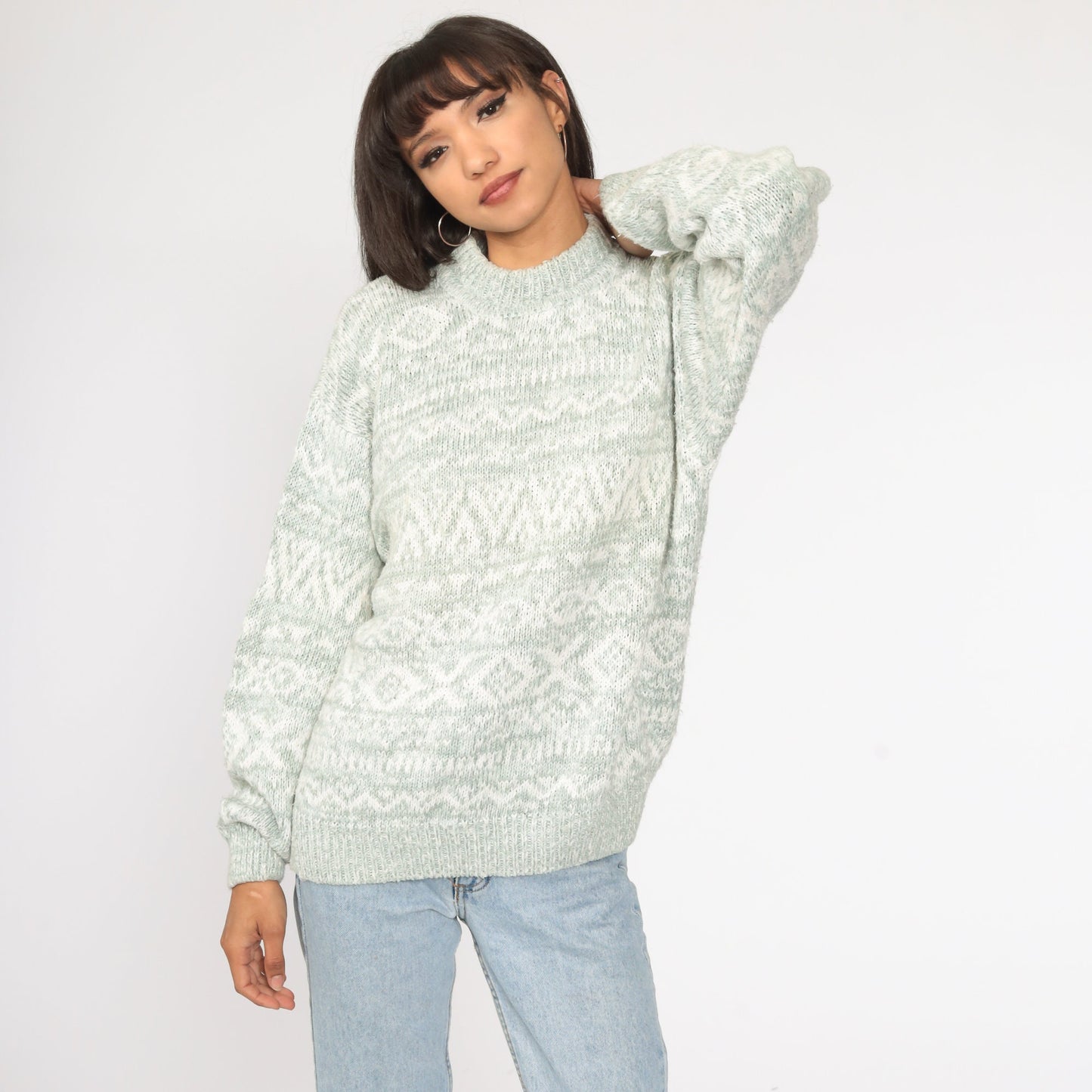90s Geometric Print Sweater Green Cotton Ramie Knit Pullover Large L