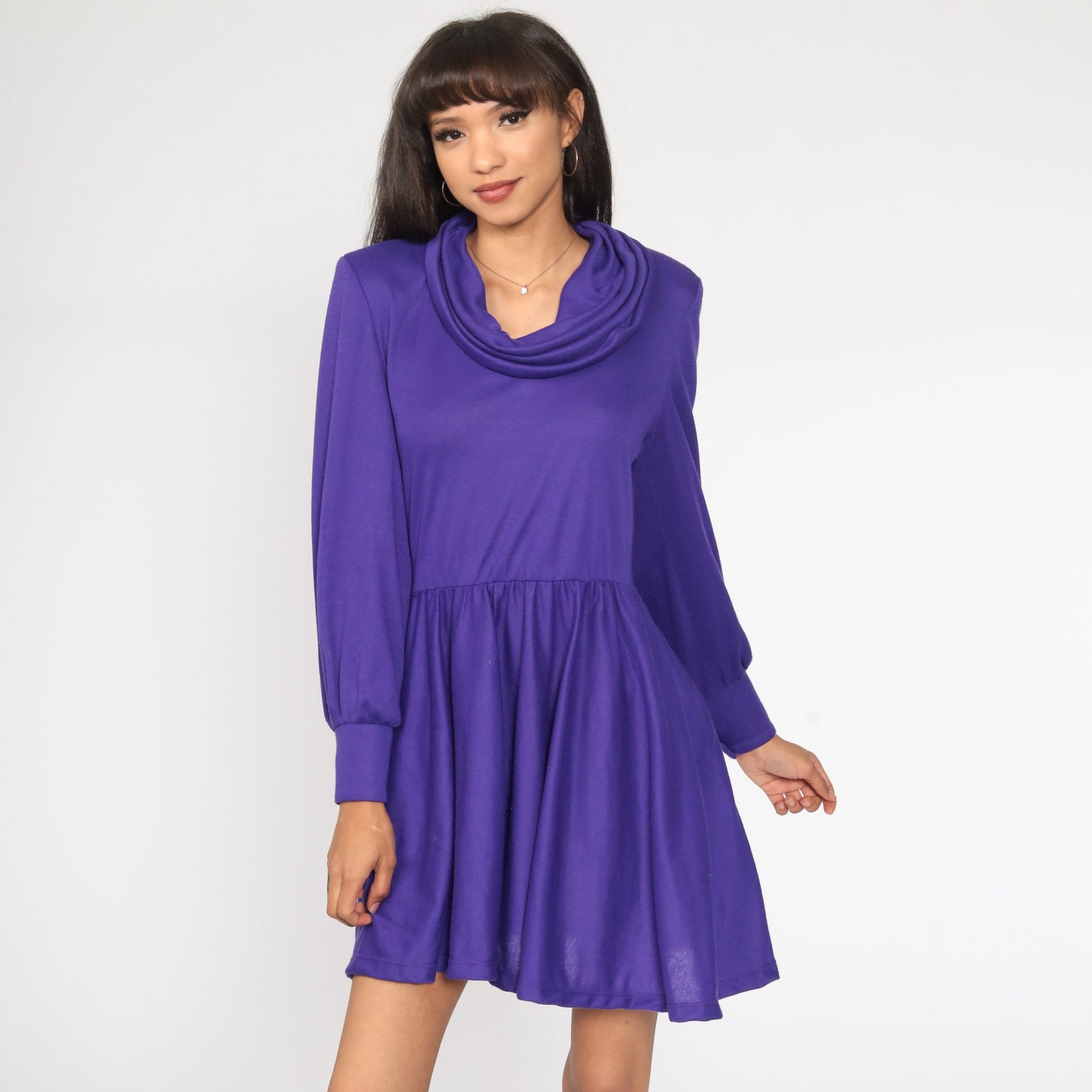 80s Purple Cowl Neck Mini Dress Long Sleeve High Waisted Medium Large