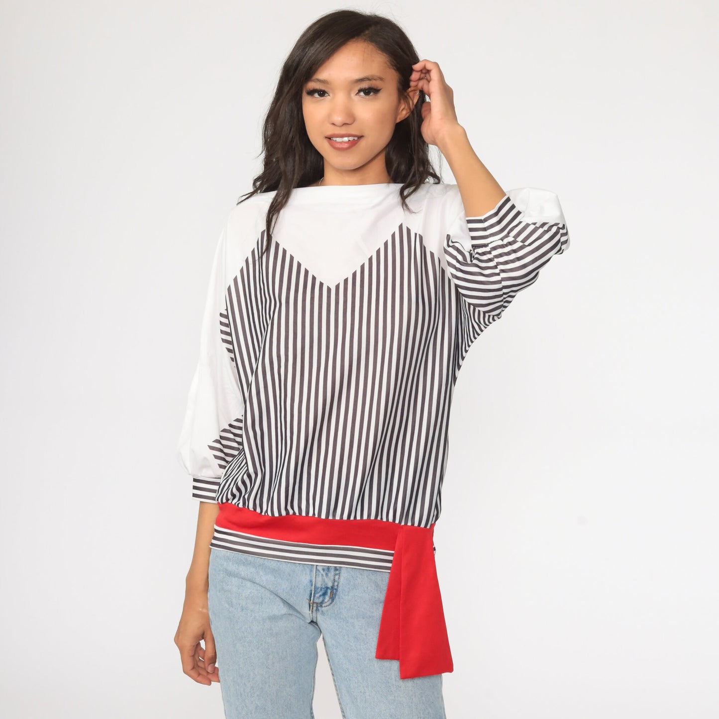 80s Black & White Striped Long Sleeve Top Medium
