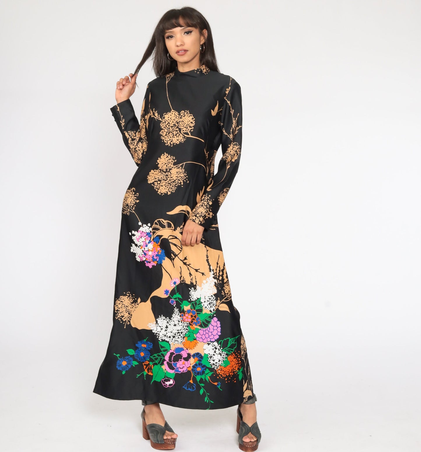70s Tori Richard Hawaiian Floral Maxi Dress Black High Neck Long Sleeve Medium Large
