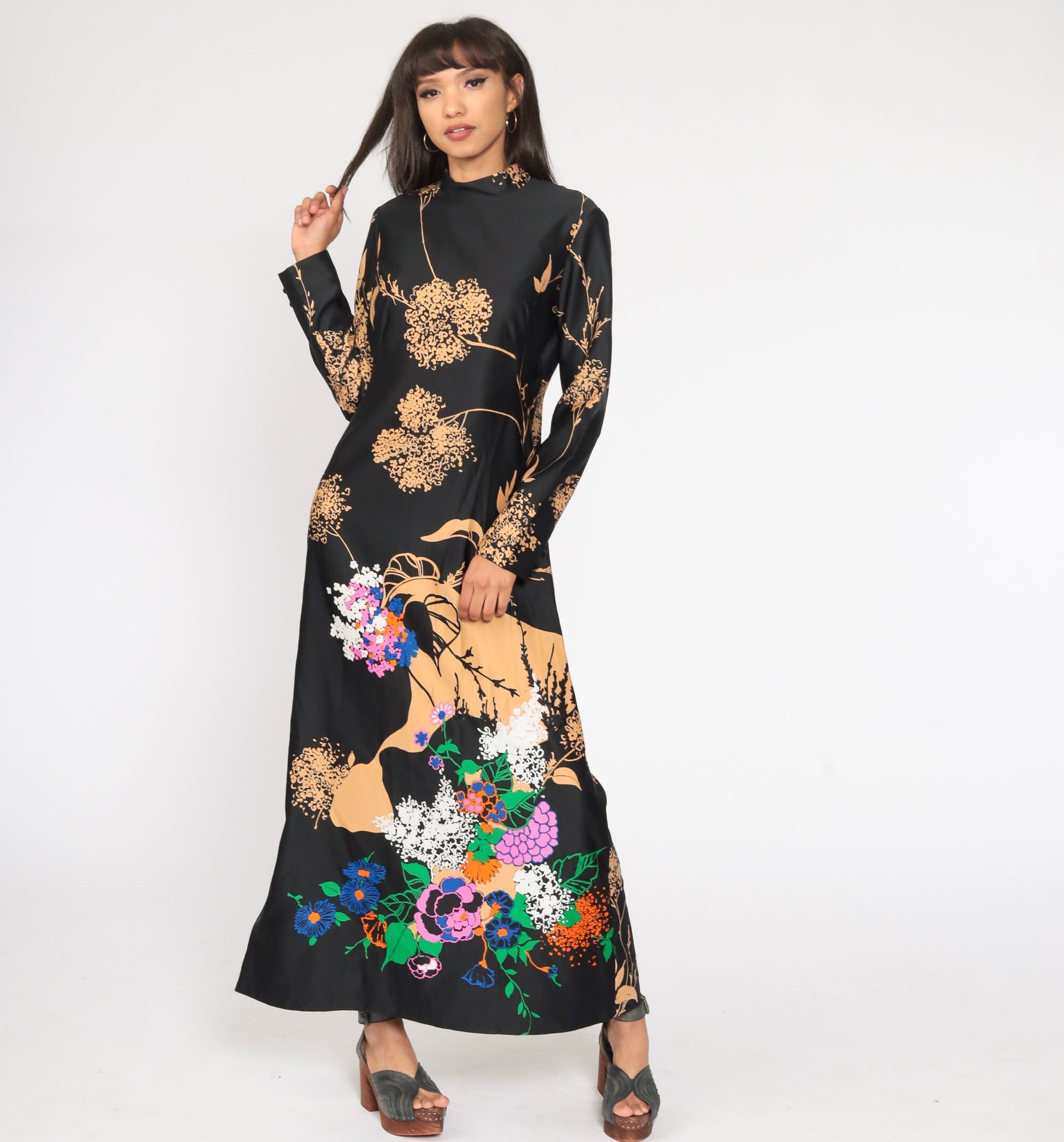 70s Tori Richard Hawaiian Floral Maxi Dress Black High Neck Long Sleeve Medium Large