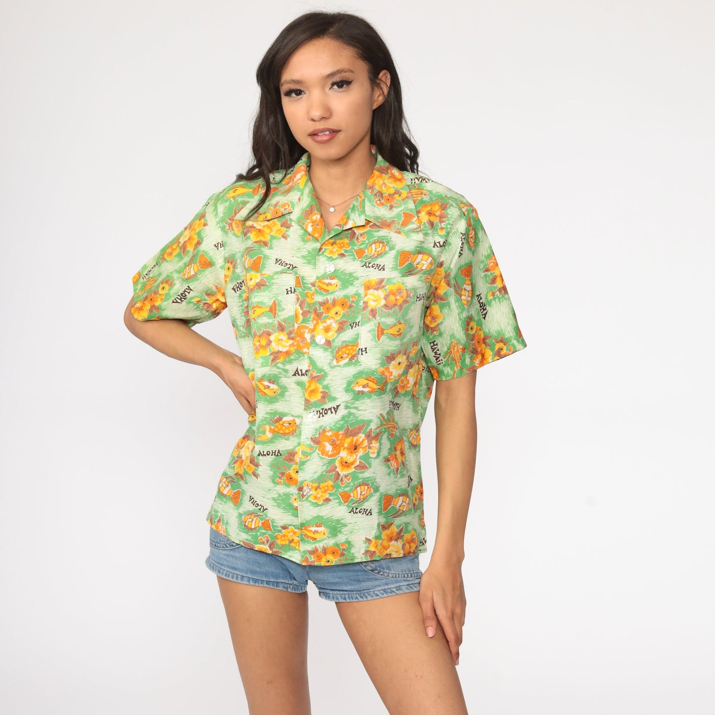 70s Hawaiian Shirt Tropical Fish Floral Button Up Unisex Medium Large