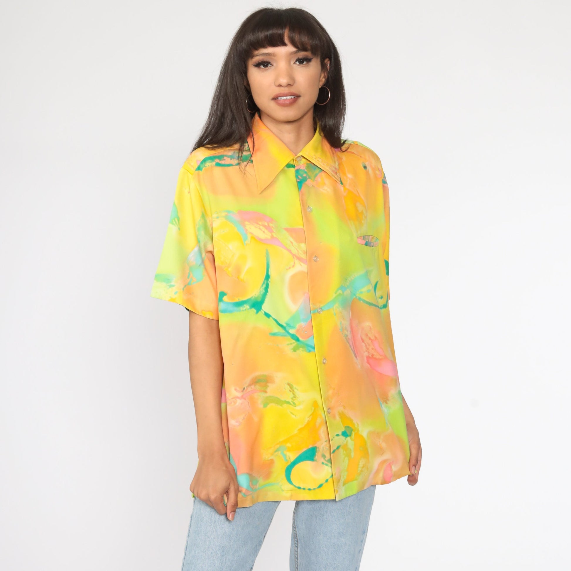 70s Psychedelic Print Button-Up Shirt Neon Yellow Short Sleeve Extra Large