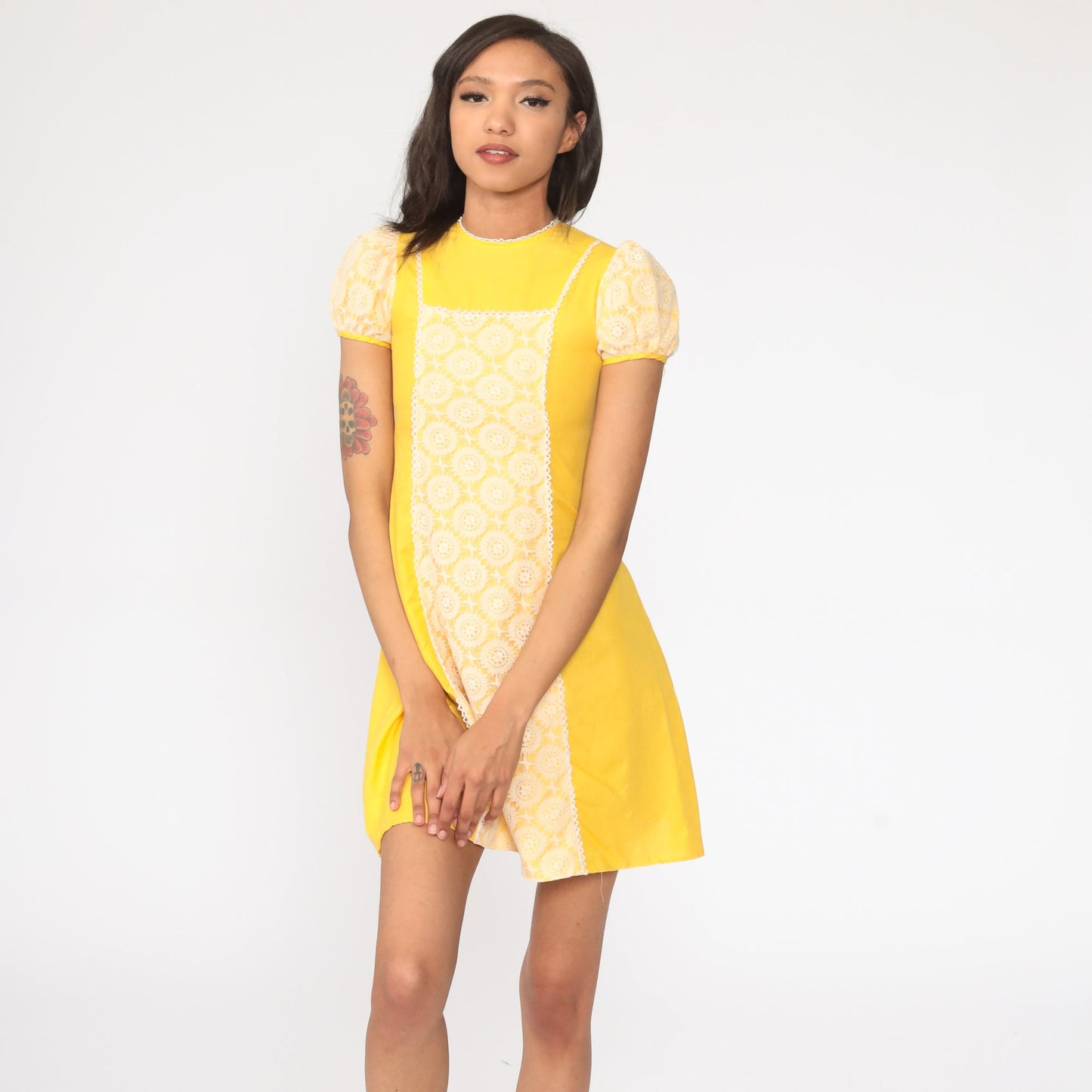 60s Yellow Lace Puff Sleeve Shift Mini Dress 2XS