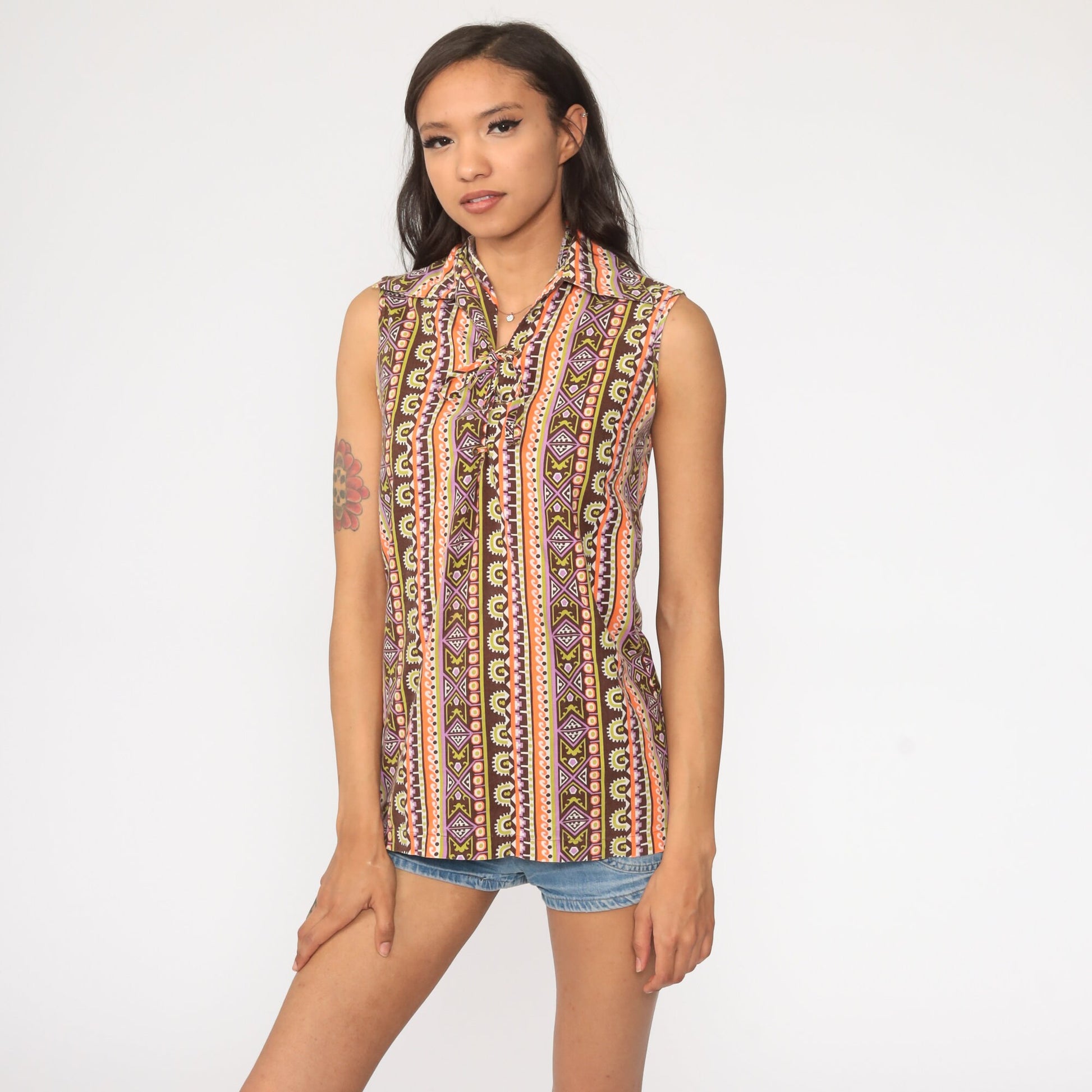 70s Tribal Print Sleeveless Blouse Lace-Up Corset Neckline Orange Purple Small