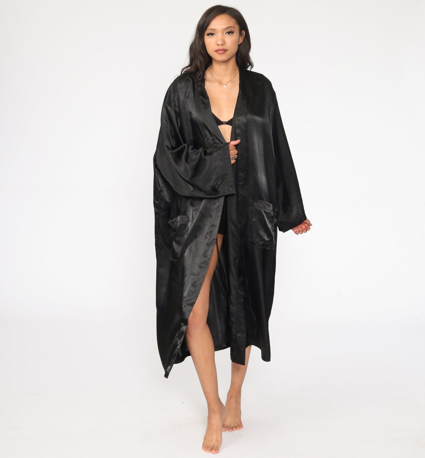 80s Black Satin California Embroidered Kimono Robe Maxi Wrap One Size