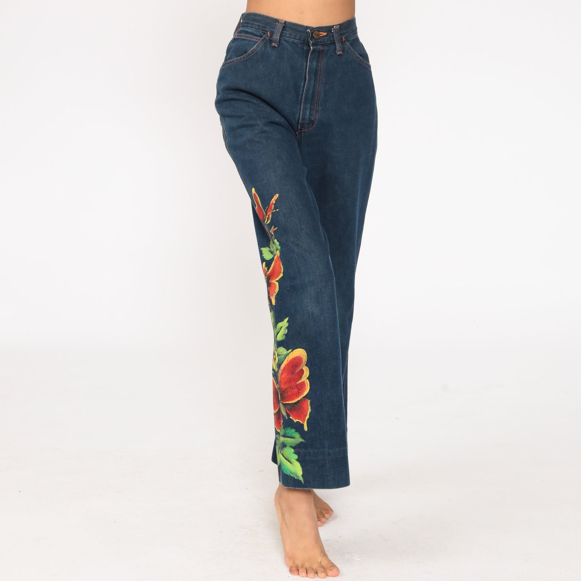 70s Wrangler Painted Butterfly Floral High Waist Straight Leg Jeans Blue 26