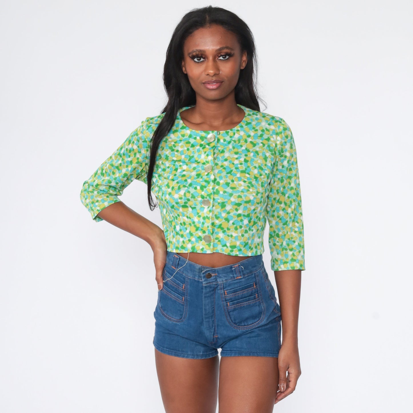 60s Geometric Print Button-Up Blouse Cropped 3/4 Sleeve Small