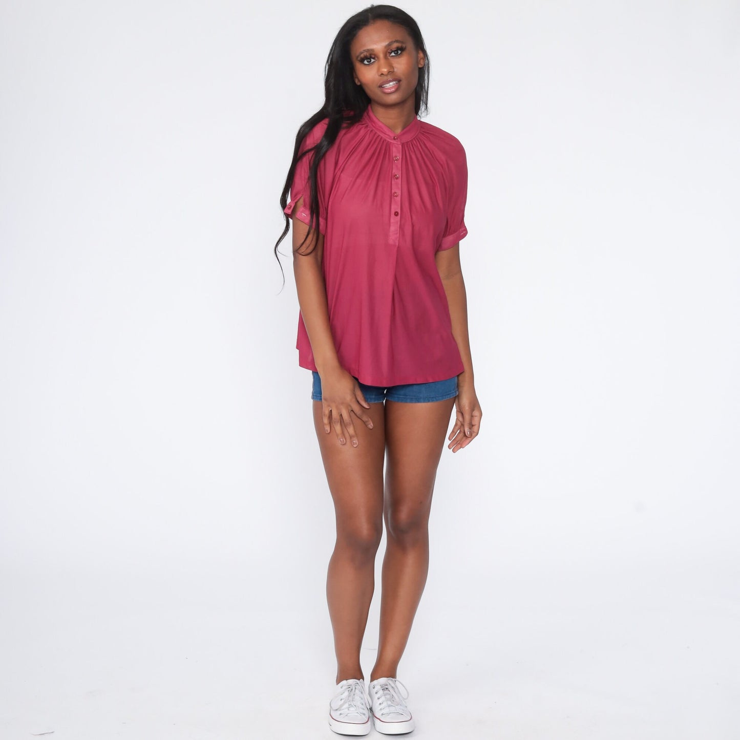 70s Deep Pink Button-Up Shirt Trapeze Cut Short Sleeve Medium