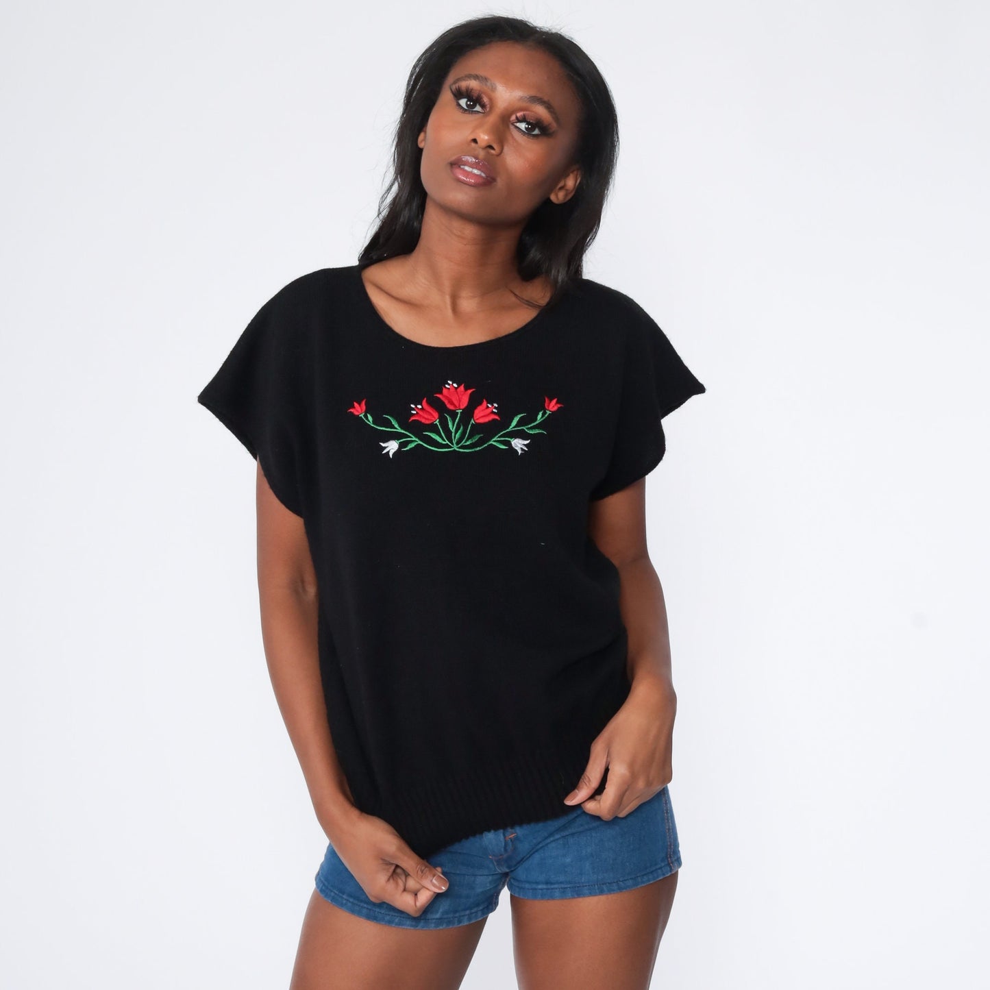 80s Floral Embroidered Black Knit Sweater Short Sleeve Top Large
