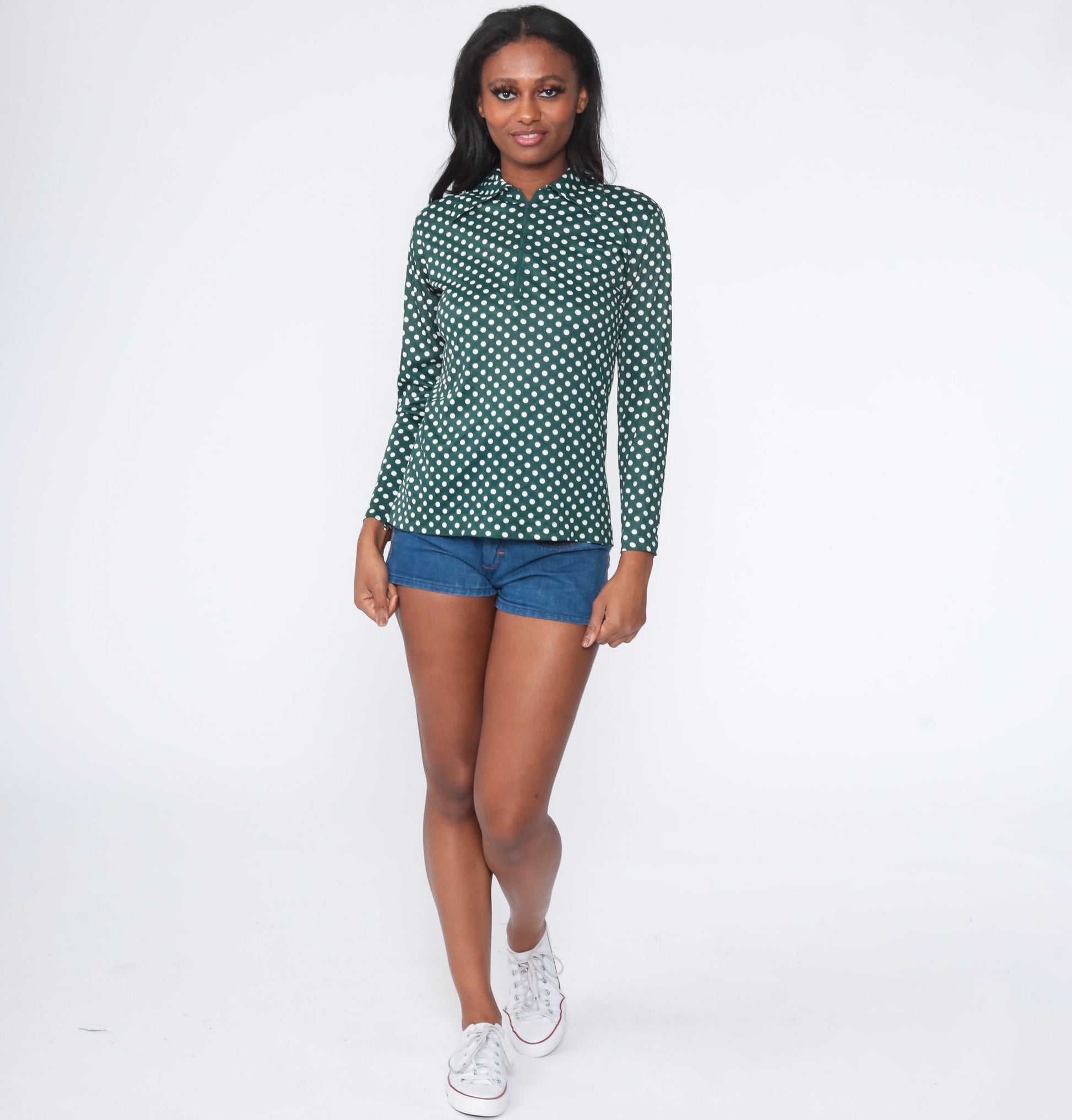 70s Green Polka Dot Zip-Up Blouse Long Sleeve Collared Shirt Medium