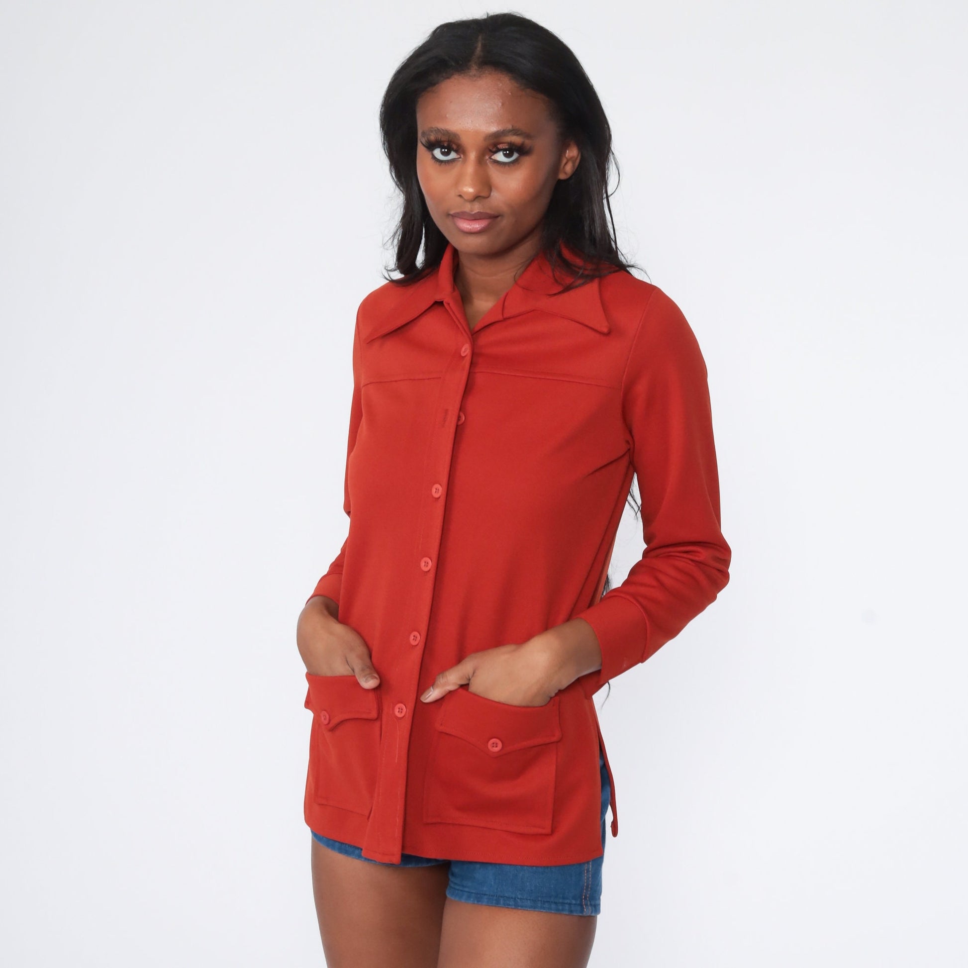 70s Rust Button-Up Shirt Long Sleeve Dagger Collar Blouse Small S