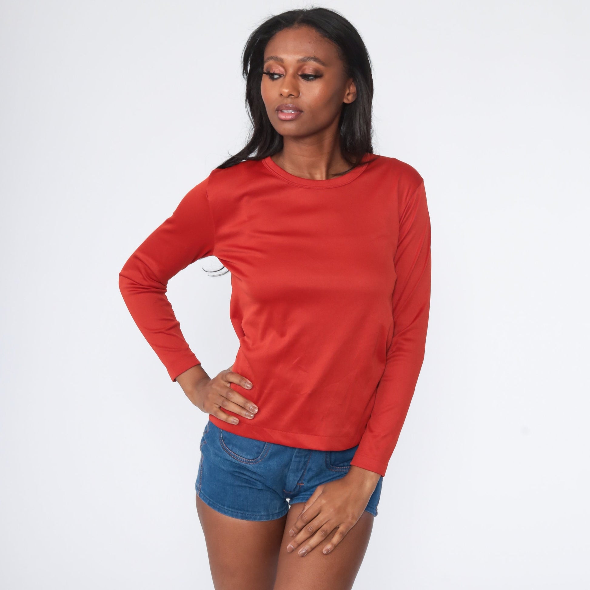 70s Rust Long Sleeve Shirt Plain Vintage Tee Small