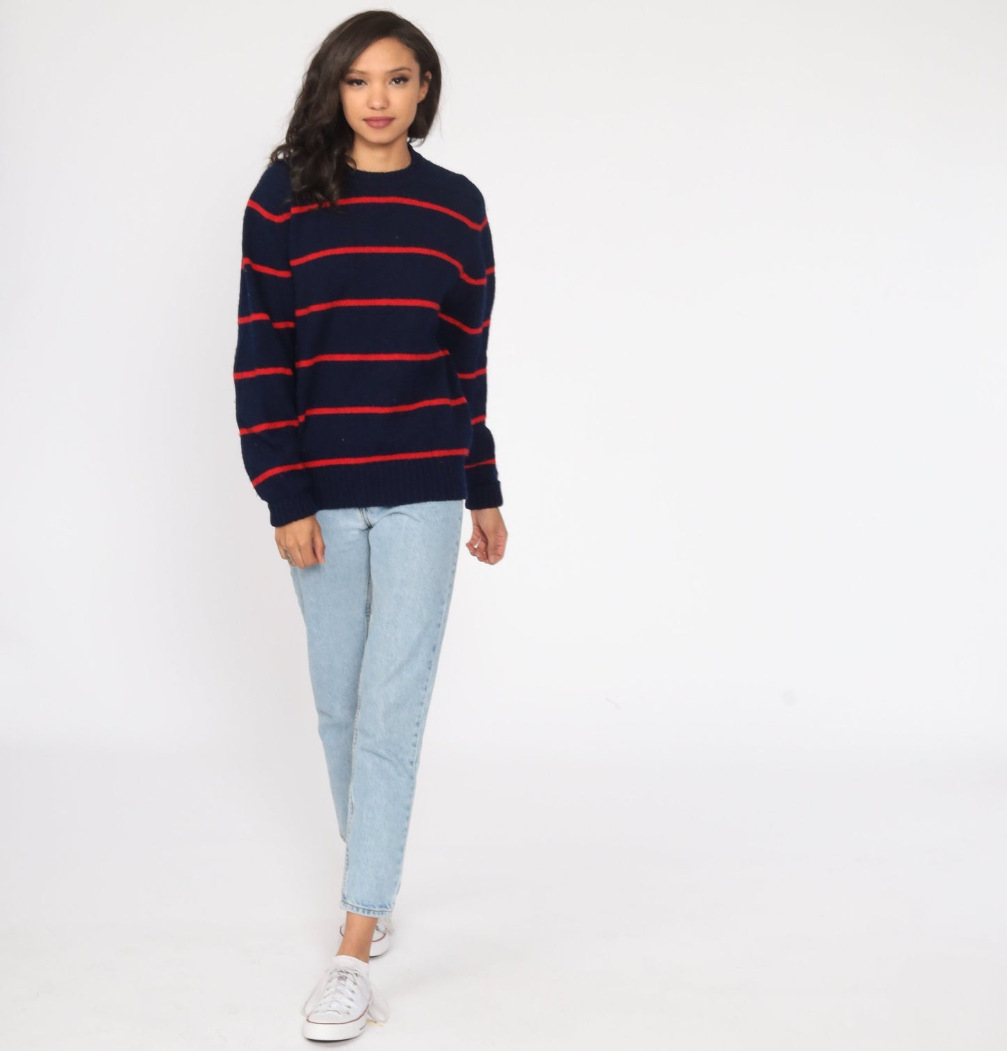 80s Blue and Red Striped Wool Pullover Sweater Knit Jumper Medium