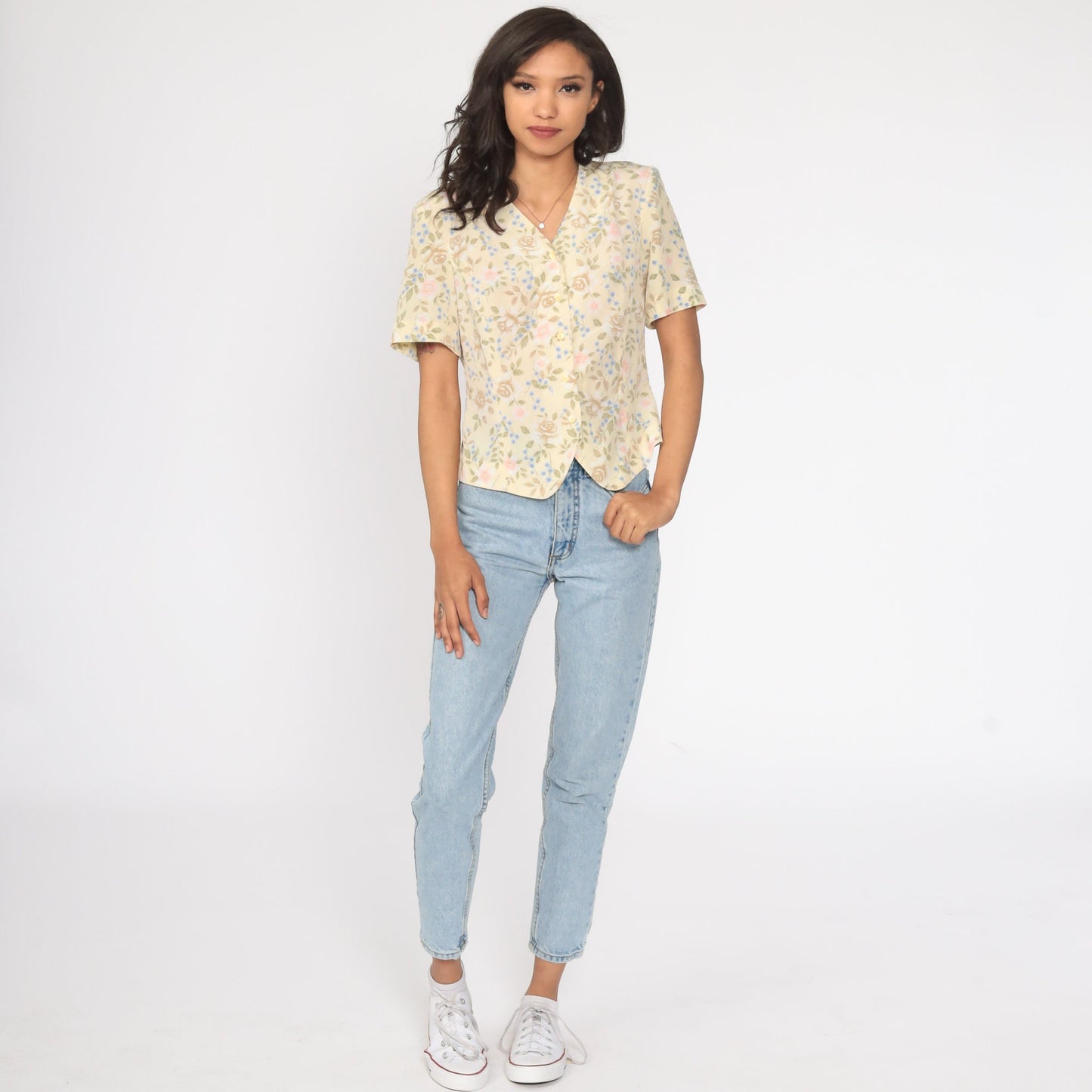 90s Yellow Floral Button-Up Shirt Short Sleeve Blouse Medium