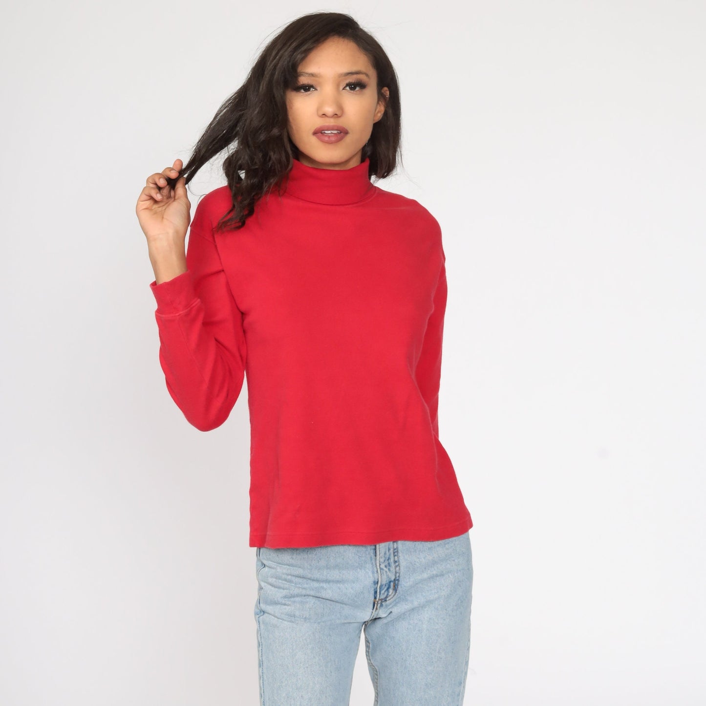 80s Red Turtleneck Long Sleeve Cotton Shirt Small Medium