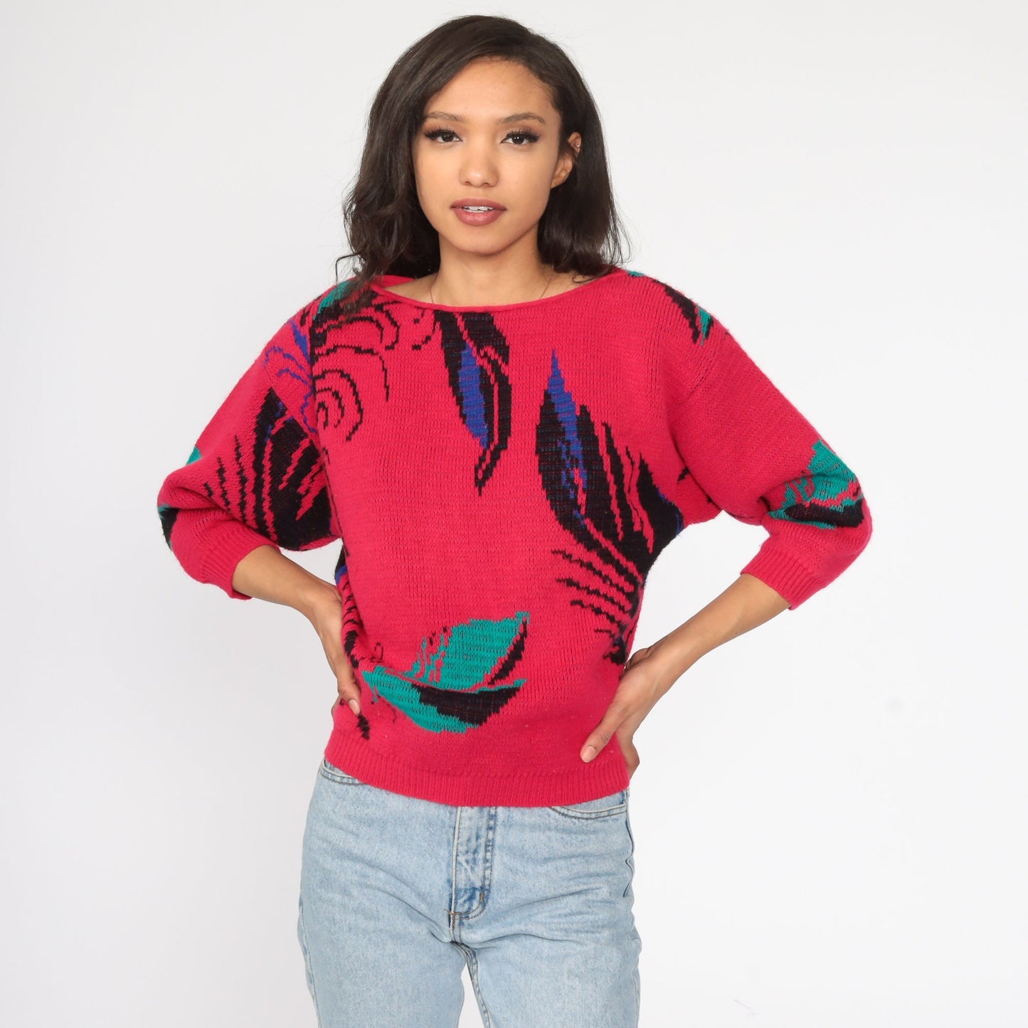 80s Pink Leaf Knit Sweater 3/4 Sleeve Pullover Small S