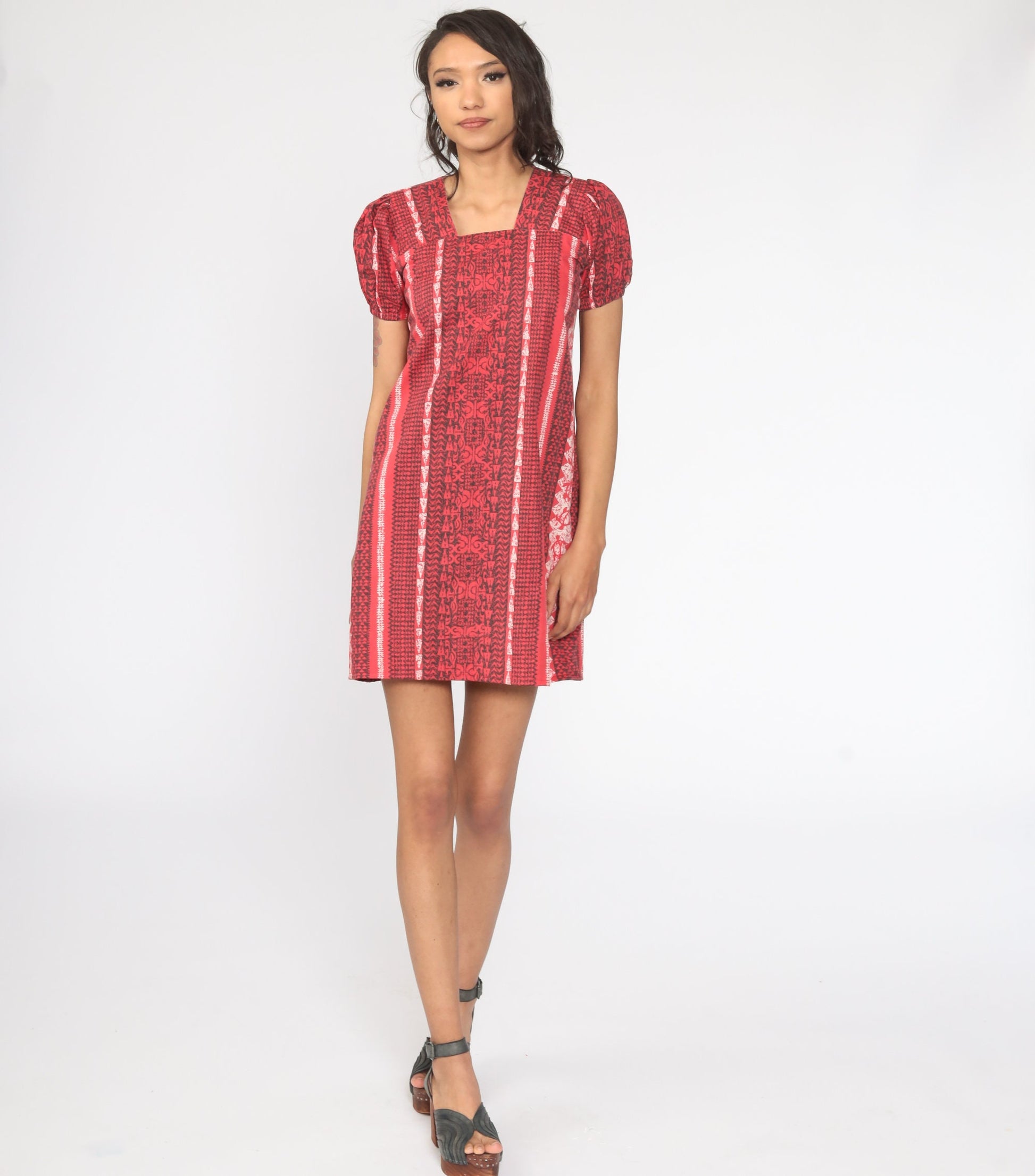 80s Red Geometric Tribal Puff Sleeve Mini Dress Shift Cut Small