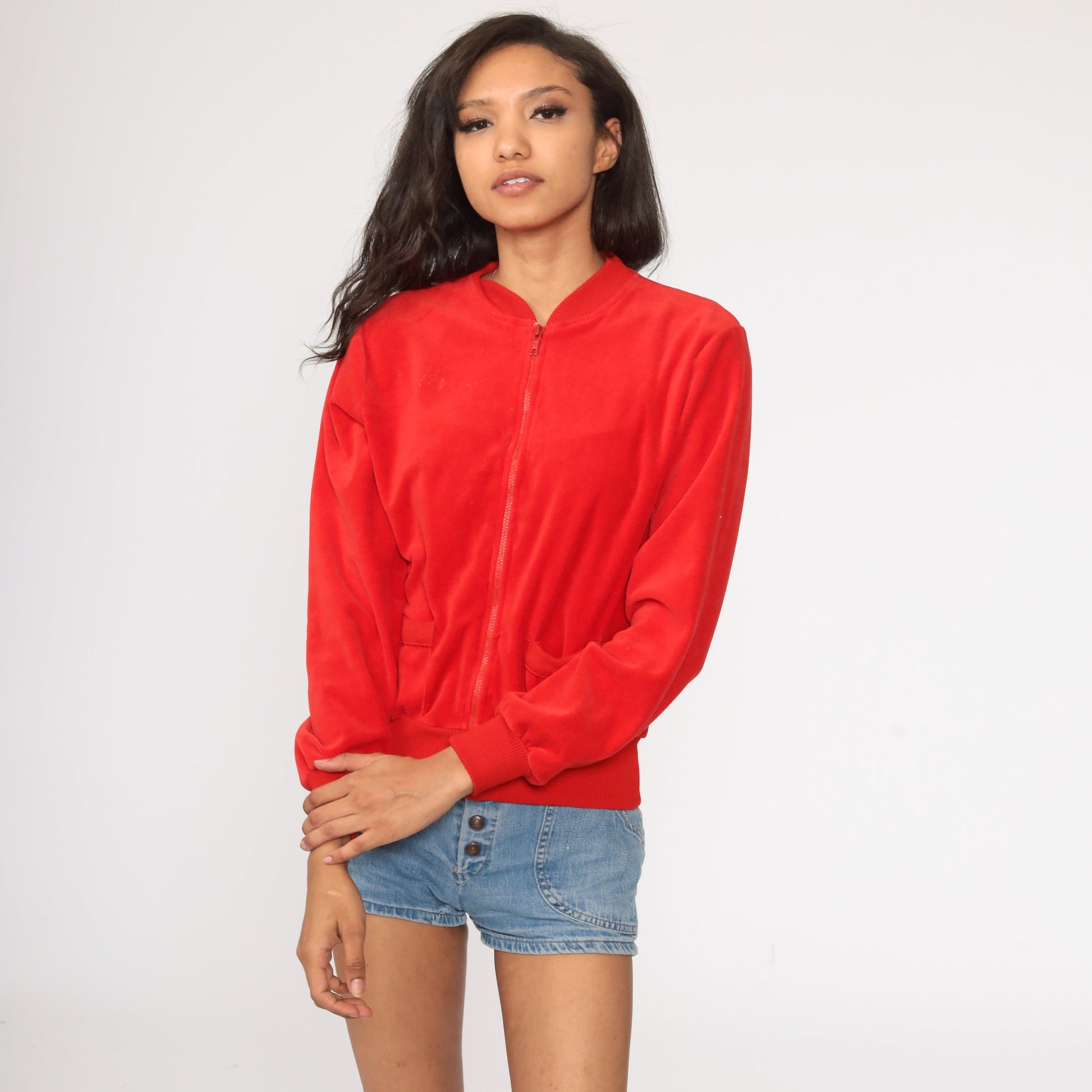 80s Red Velour Track Jacket Zip Up Sweatshirt Small