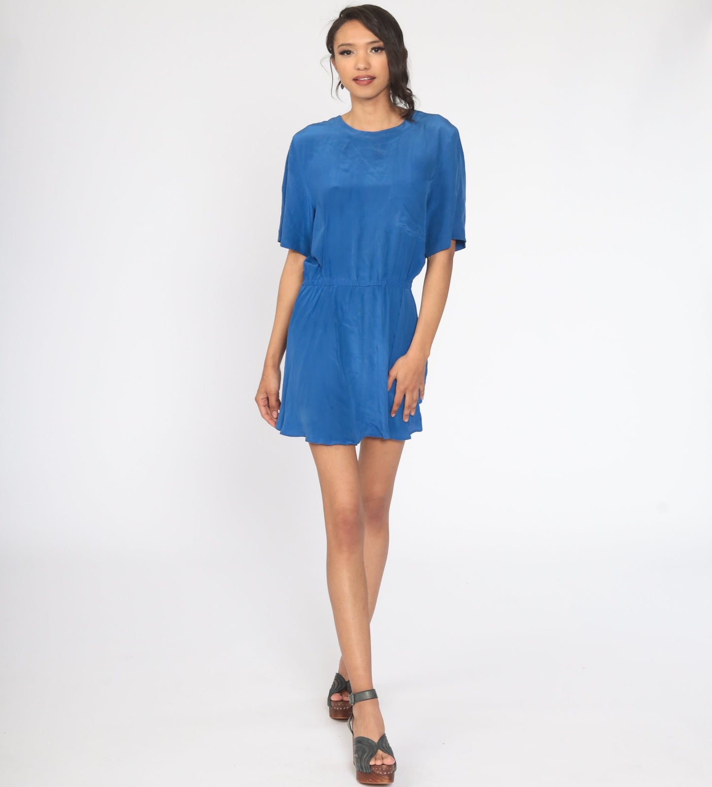 80s Blue Silk Mini Dress High Waist Button Back Short Sleeve Medium