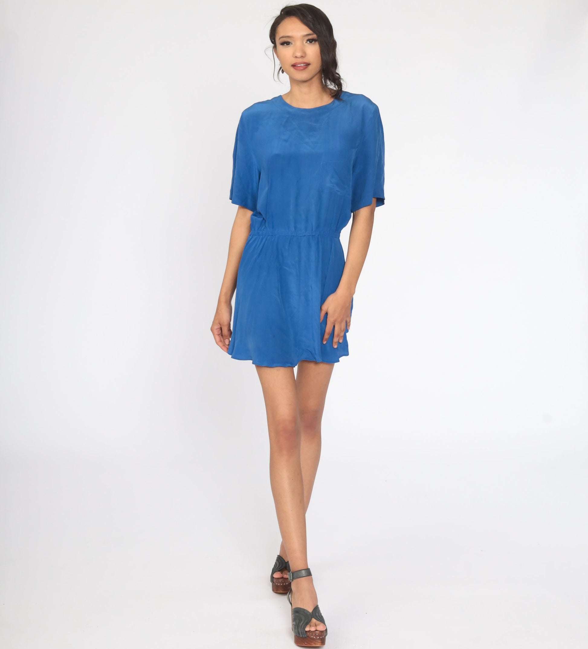 80s Blue Silk Mini Dress High Waist Button Back Short Sleeve Medium
