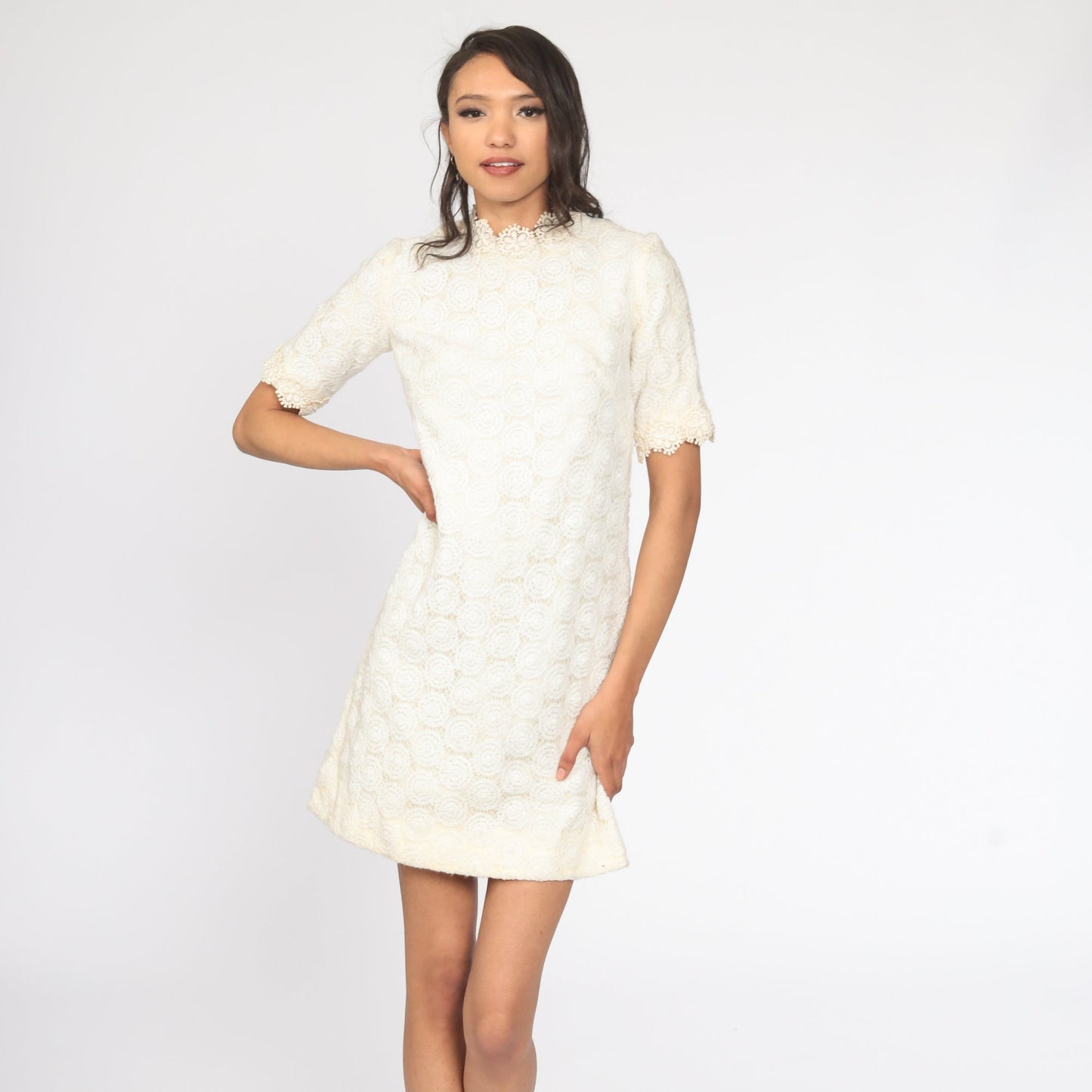 60s White Lace Mini Shift Dress Yellow Lining Mod Party Extra Small