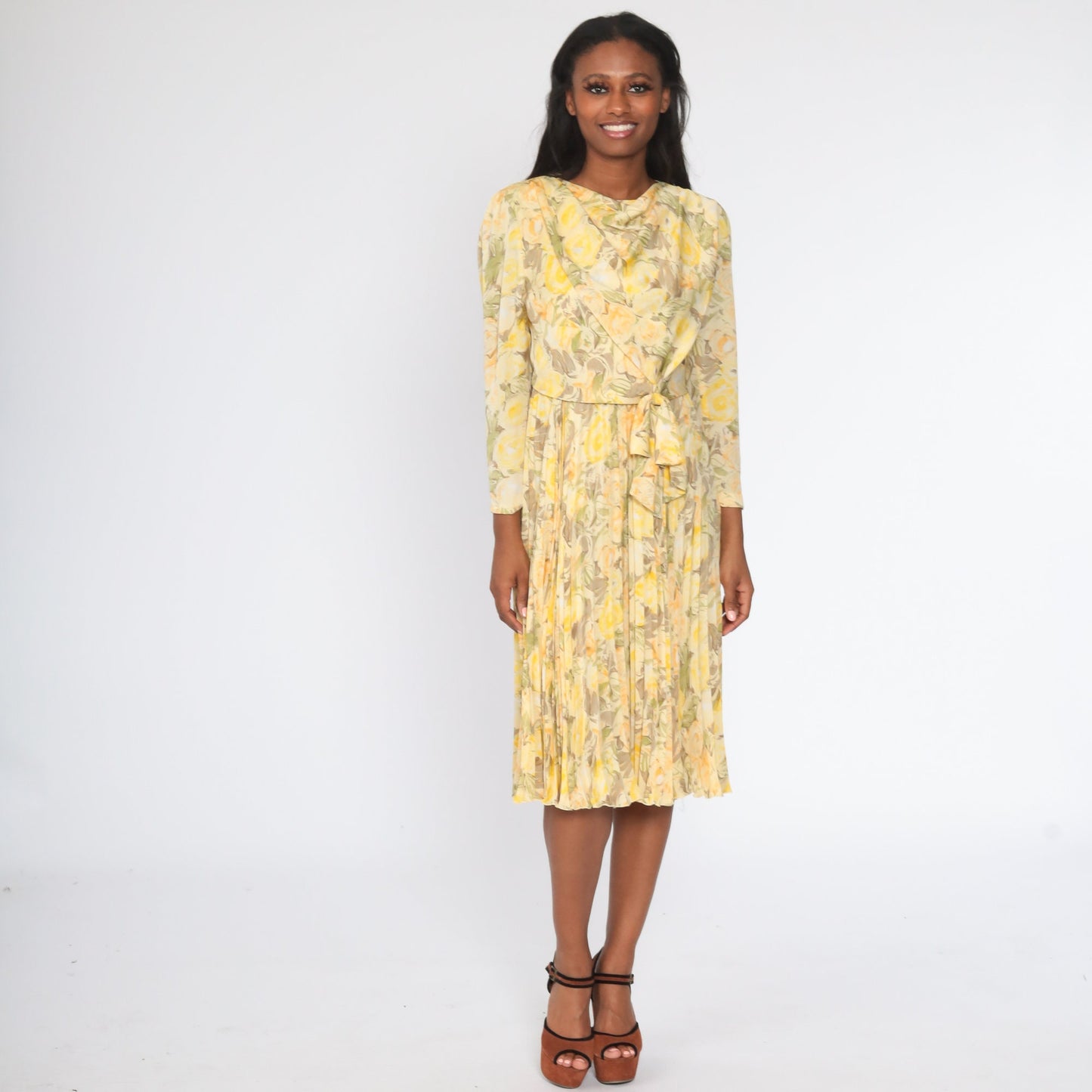 00s Yellow Floral Midi Dress Cowl Neck Pleated Long Sleeve Small S