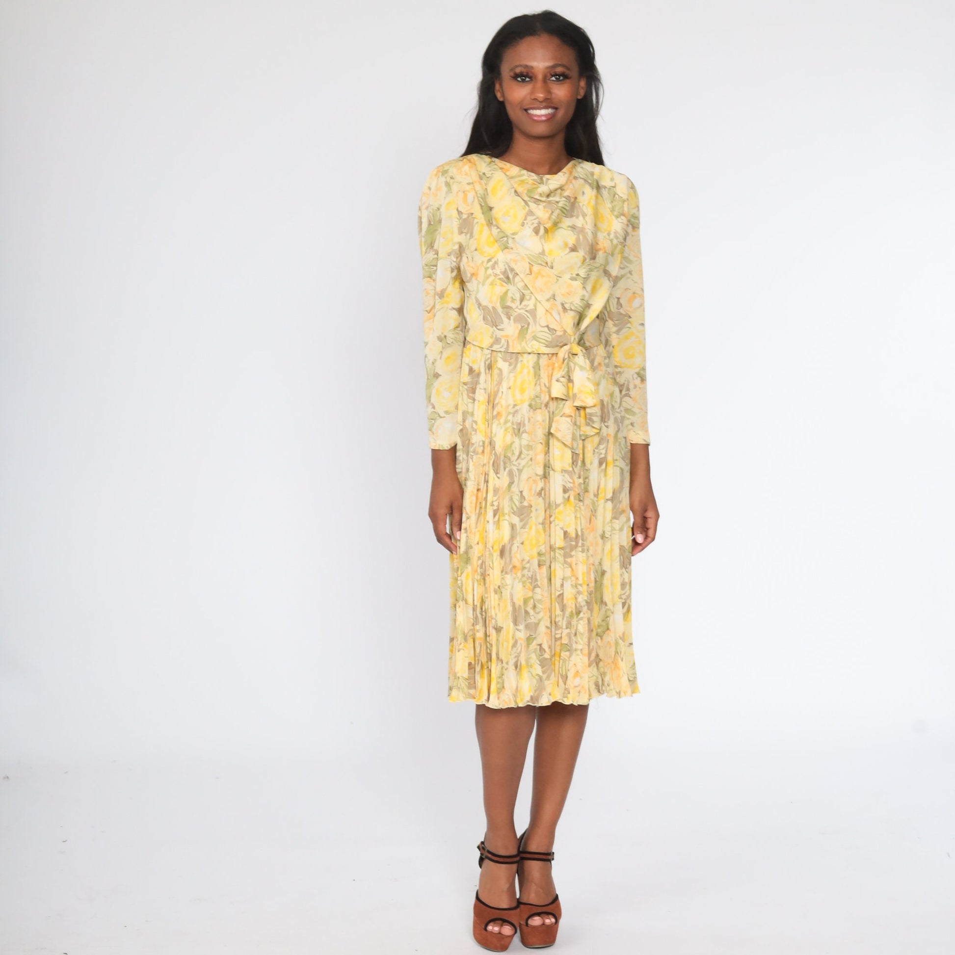00s Yellow Floral Midi Dress Cowl Neck Pleated Long Sleeve Small S