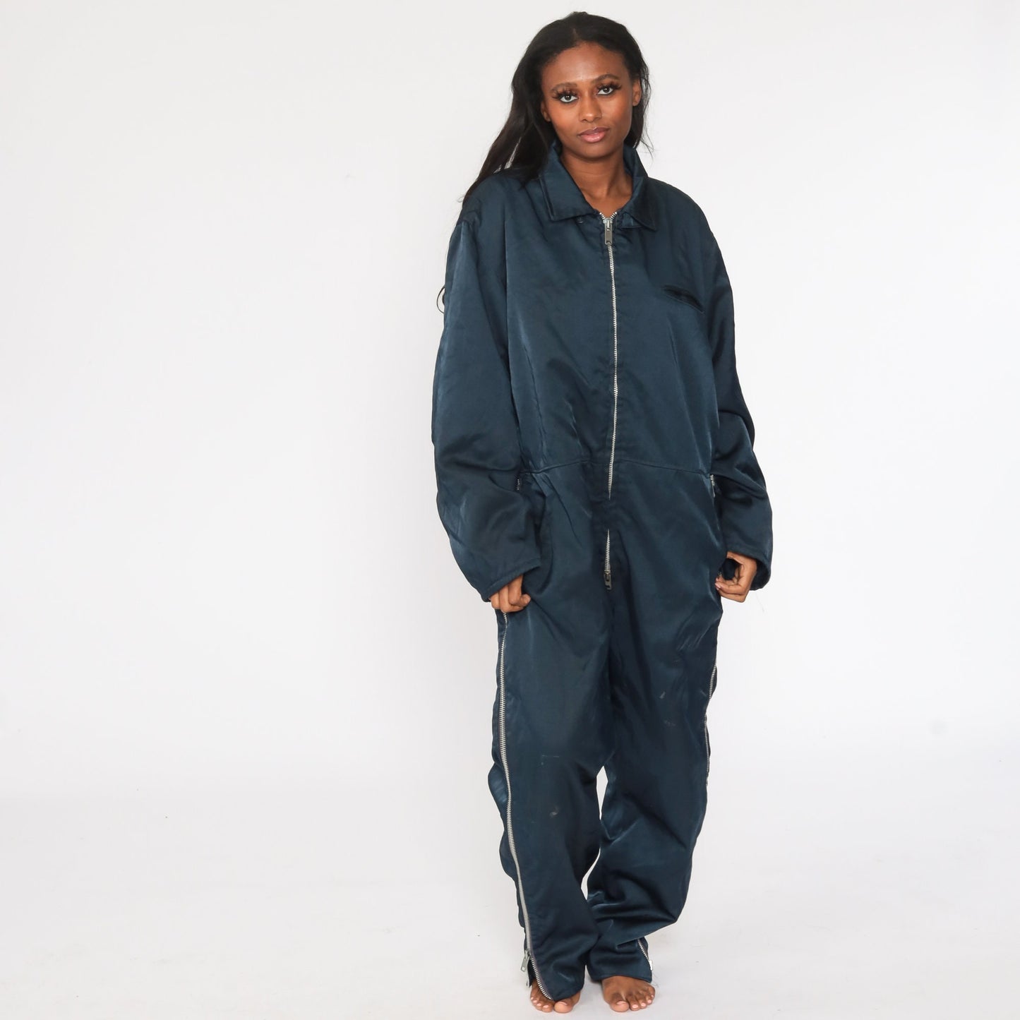 80s Navy Coveralls Workwear Jumpsuit Long Sleeve Quilted Lining Extra Large XL
