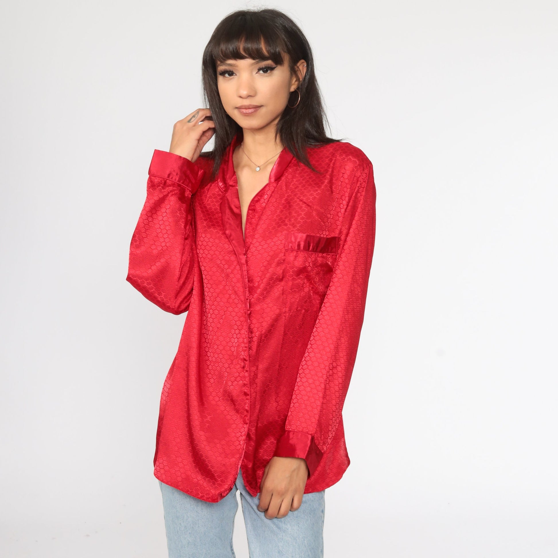 90s Victoria's Secret Red Satin Pajama Top Button-Up Medium