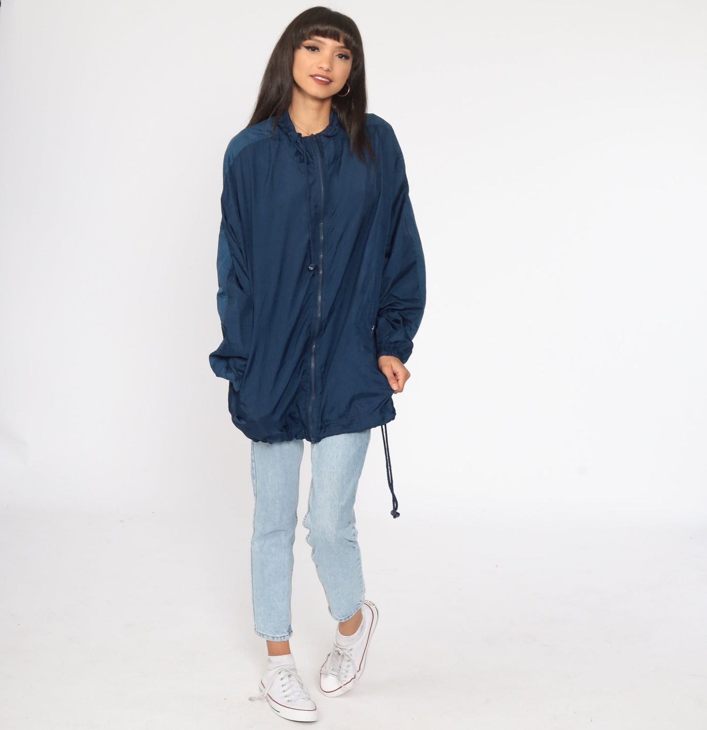90s Navy Windbreaker Jacket Drawstring Neck Nylon Extra Large XL