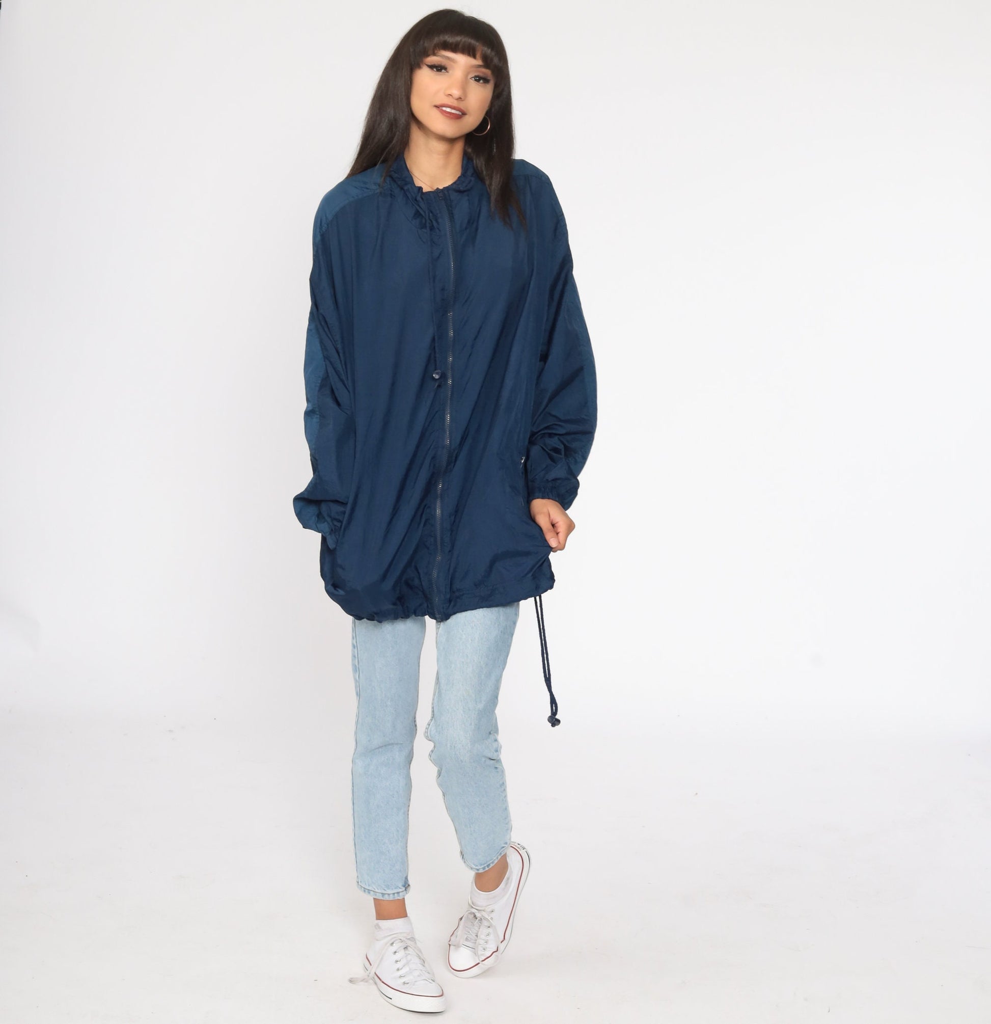 90s Navy Windbreaker Jacket Drawstring Neck Nylon Extra Large XL