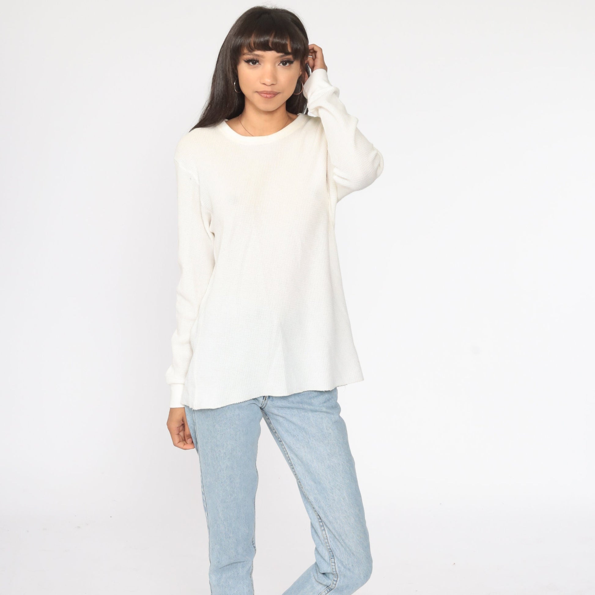 80s Cream Waffle Knit Thermal Shirt Long Sleeve Undershirt Extra Large