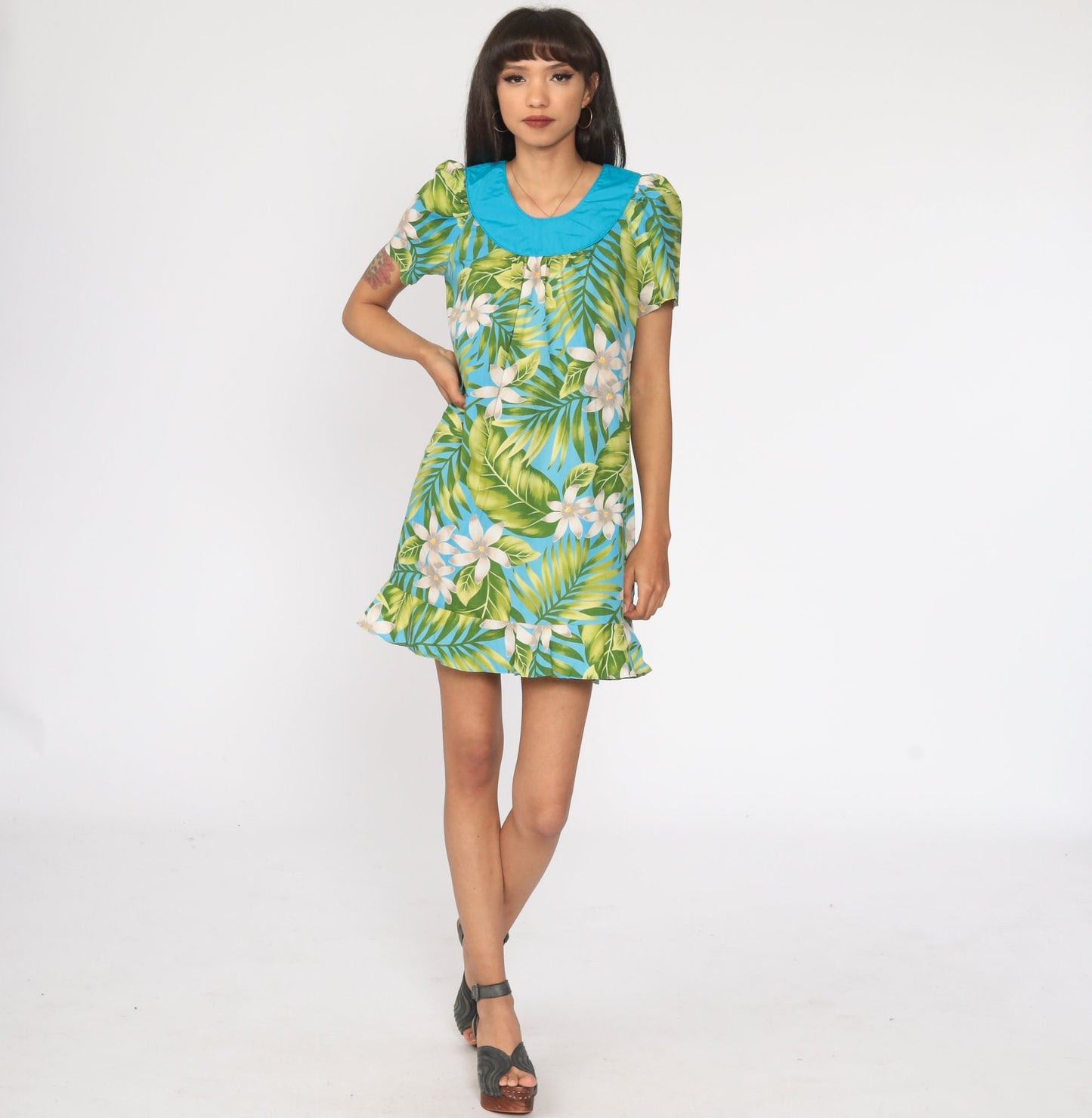 80s Floral Mini Dress Puff Sleeve Tent Cut Green Blue Extra Small