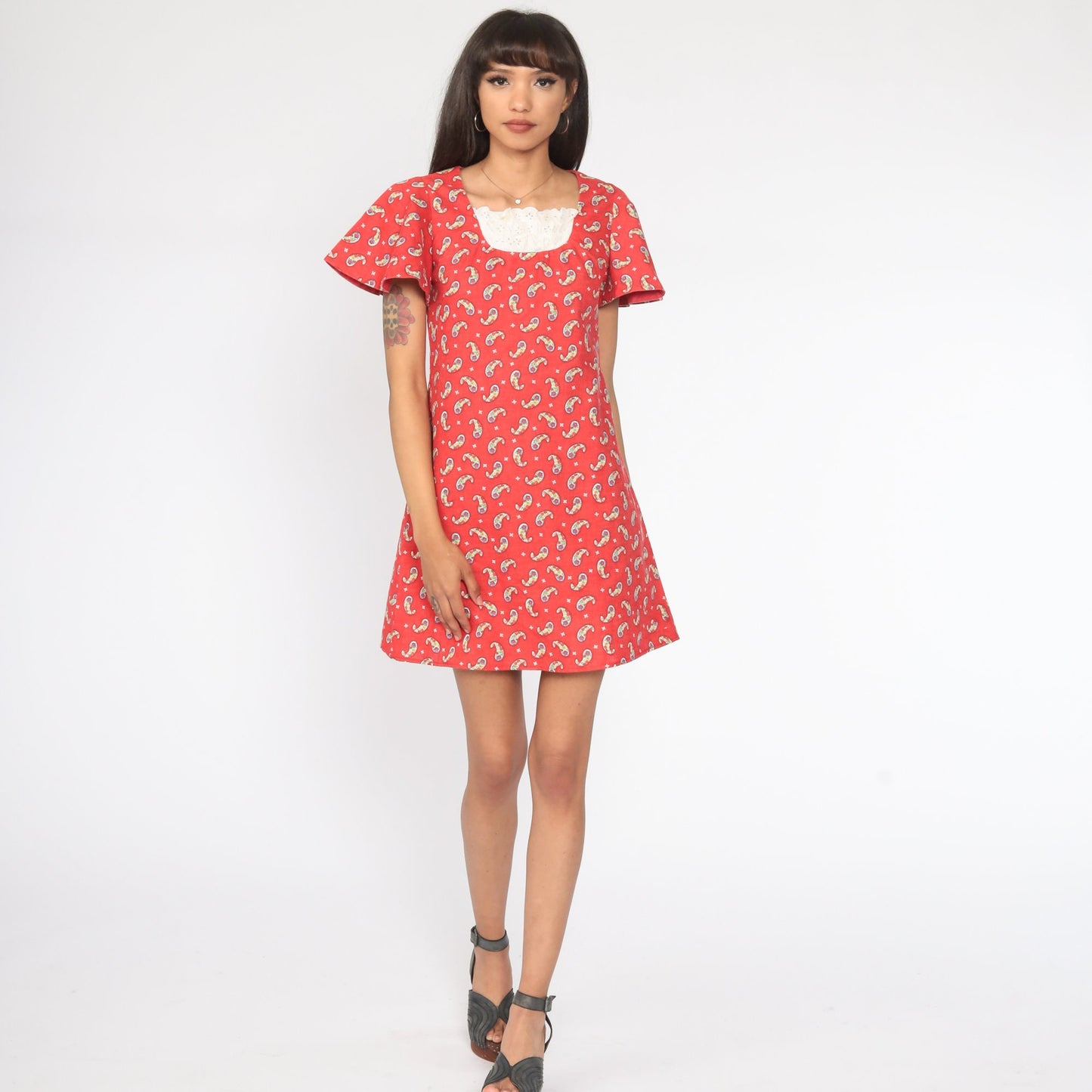 60s Psychedelic Paisley Mini Dress Flutter Sleeve Shift Red Small